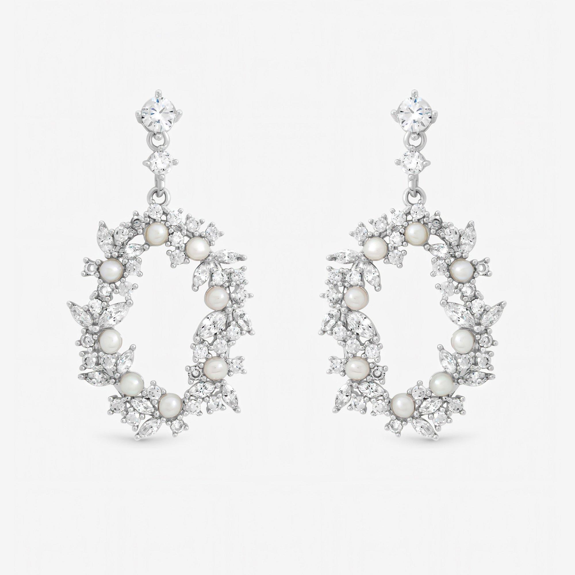 Silver - Jon Richard - Crystal and Freshweater Pearl Open Earrings - 1