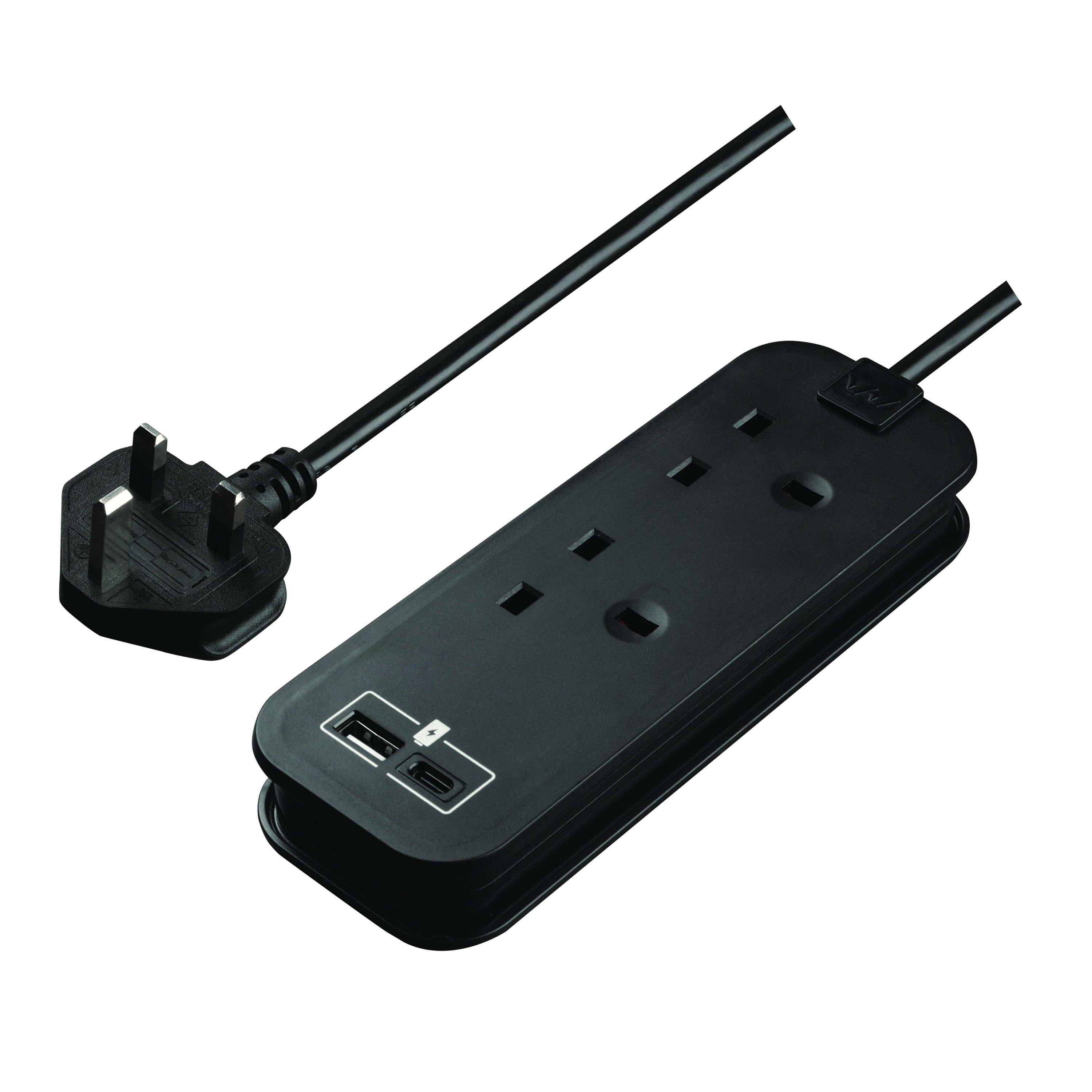 Black - Masterplug - Masterplug 2 Socket 0.45m Extension Lead 2 x USB - 1