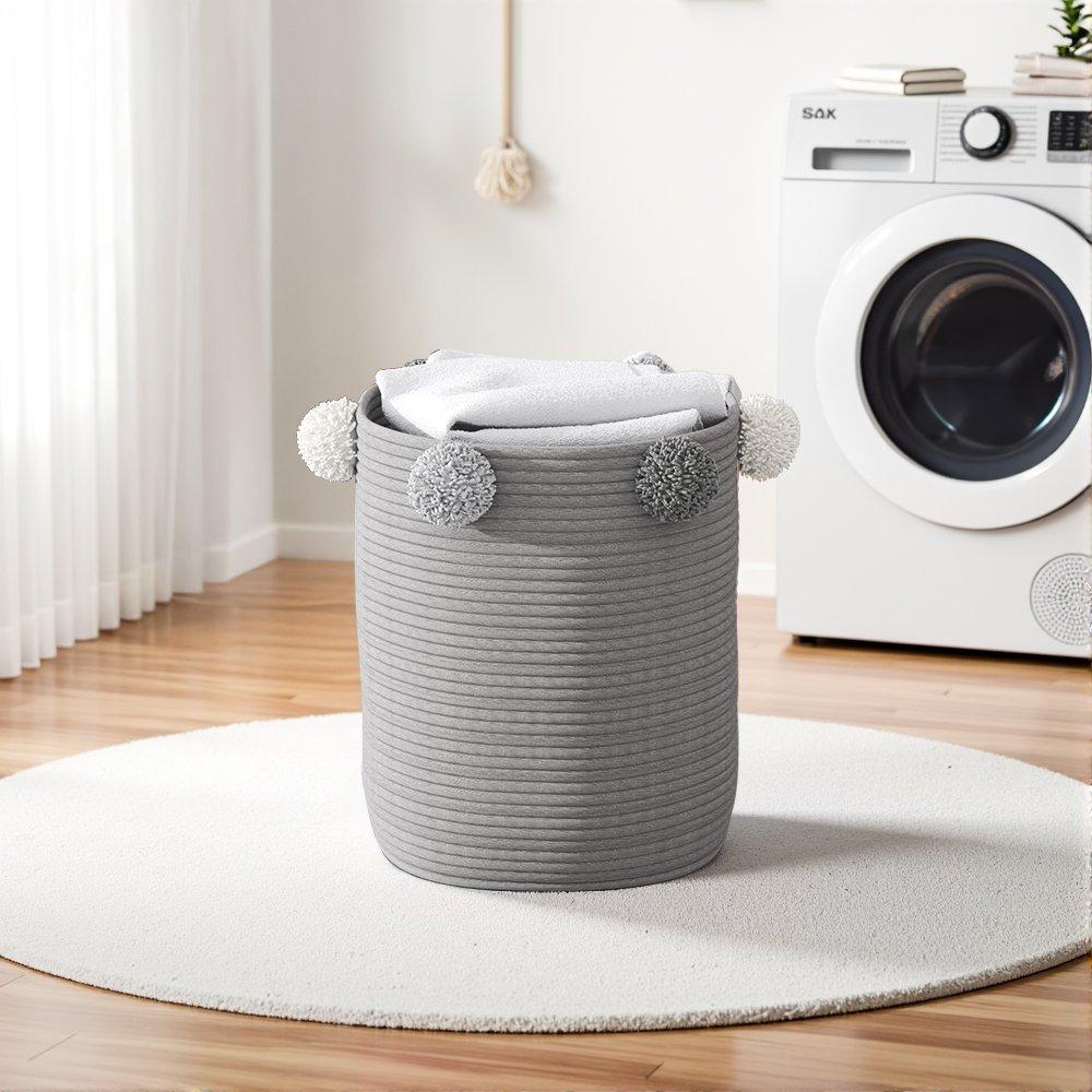 Grey - Kabinet UK - Cotton Rope Laundry Basket with Pom-Poms Grey - 1