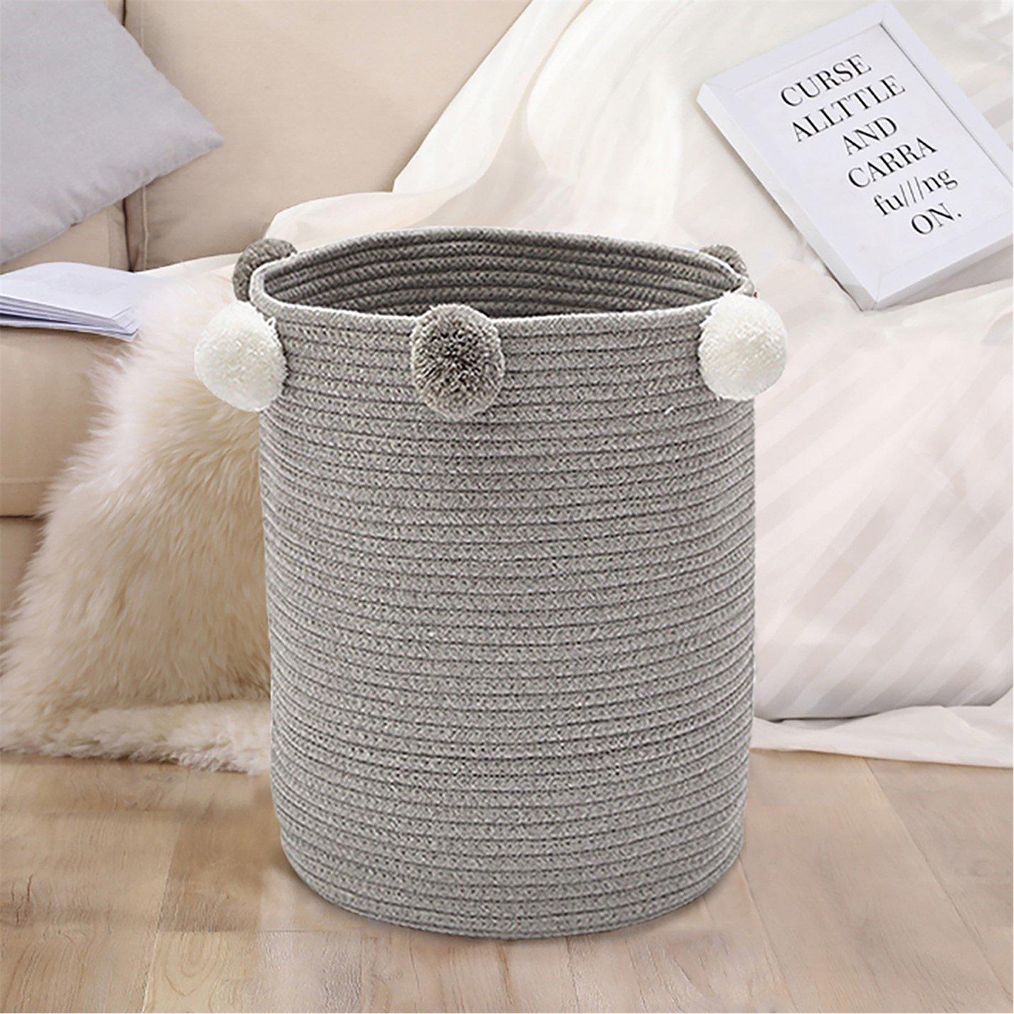 Grey - Kabinet UK - Cotton Rope Laundry Basket with Pom-Poms Grey - 5