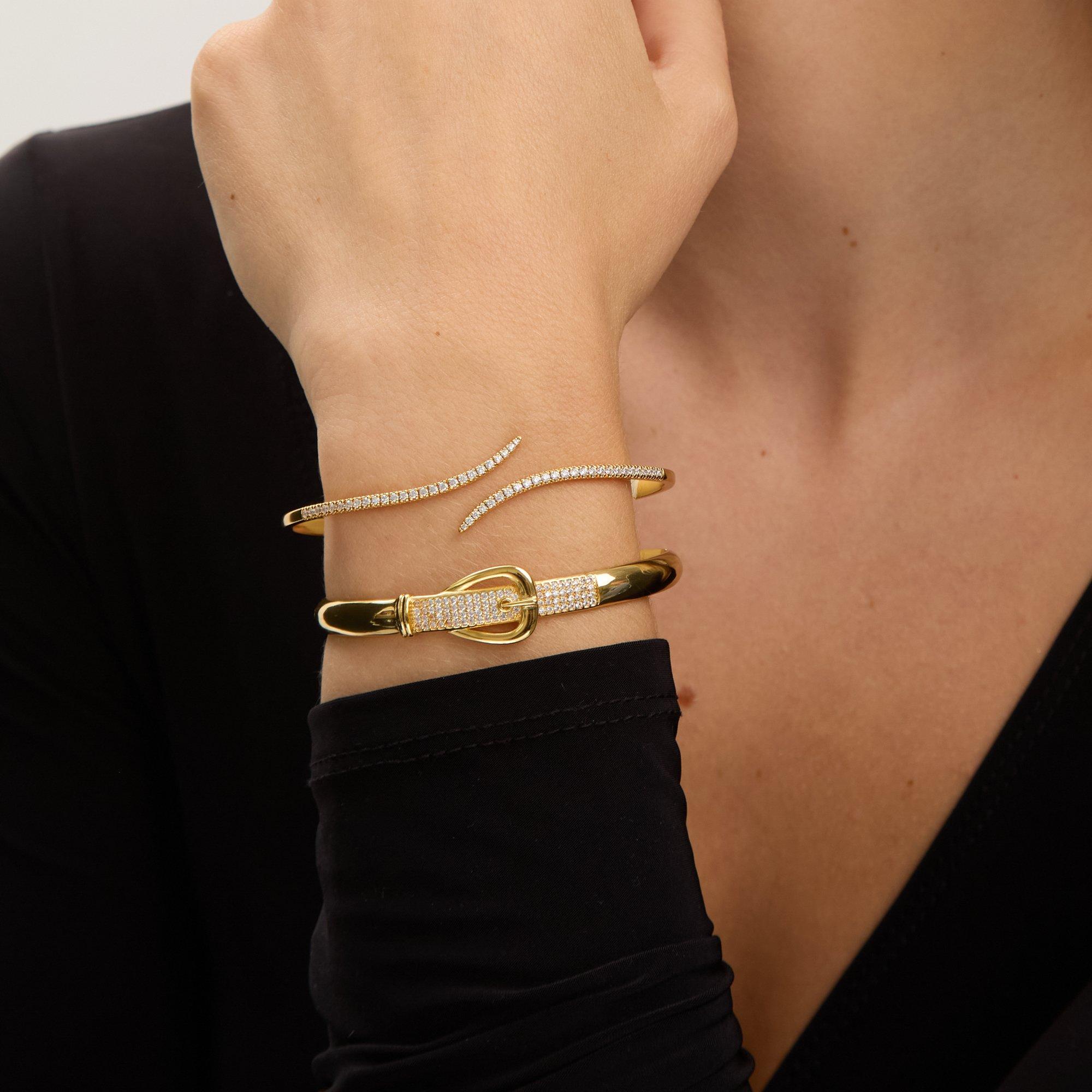 Gold - Jon Richard - 18K Gold Plated Pave Buckle Bangle - 4