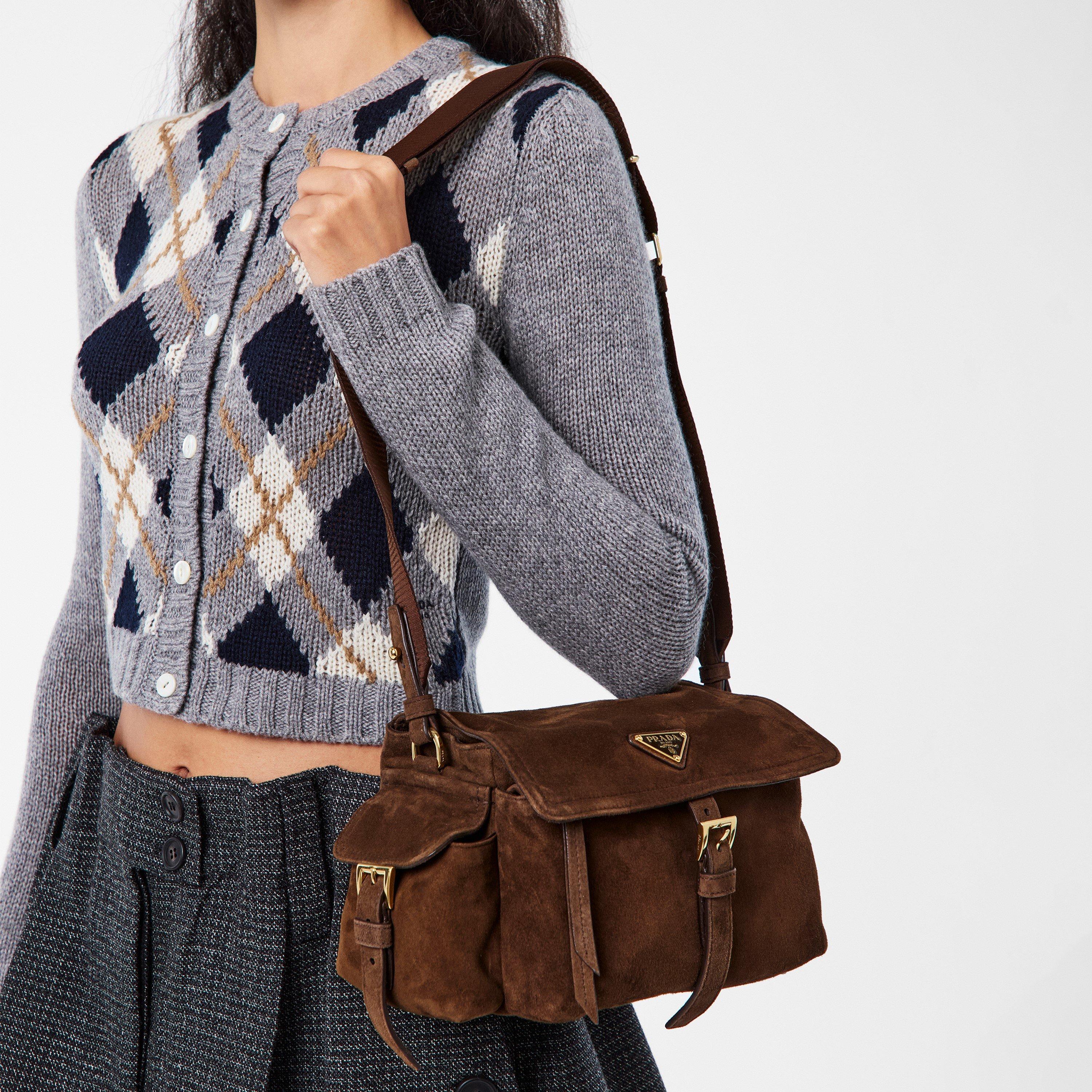 Cacao - Prada - Explore Medium Suede Shoulder Bag with Flap - 3