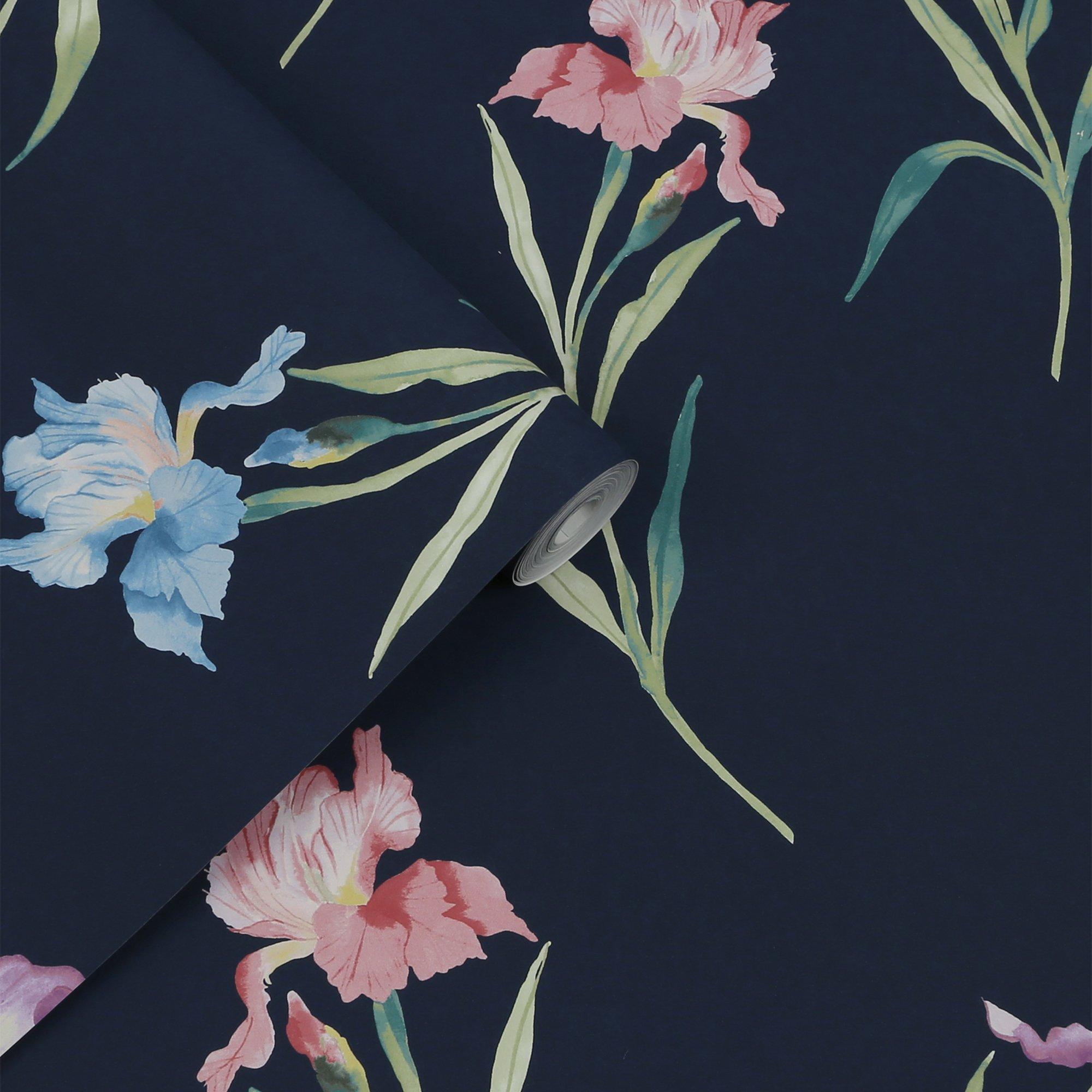 Midnight Seaspr - Laura Ashley - Hawling Irises Midnight Seaspray Floral Wallpaper - 4