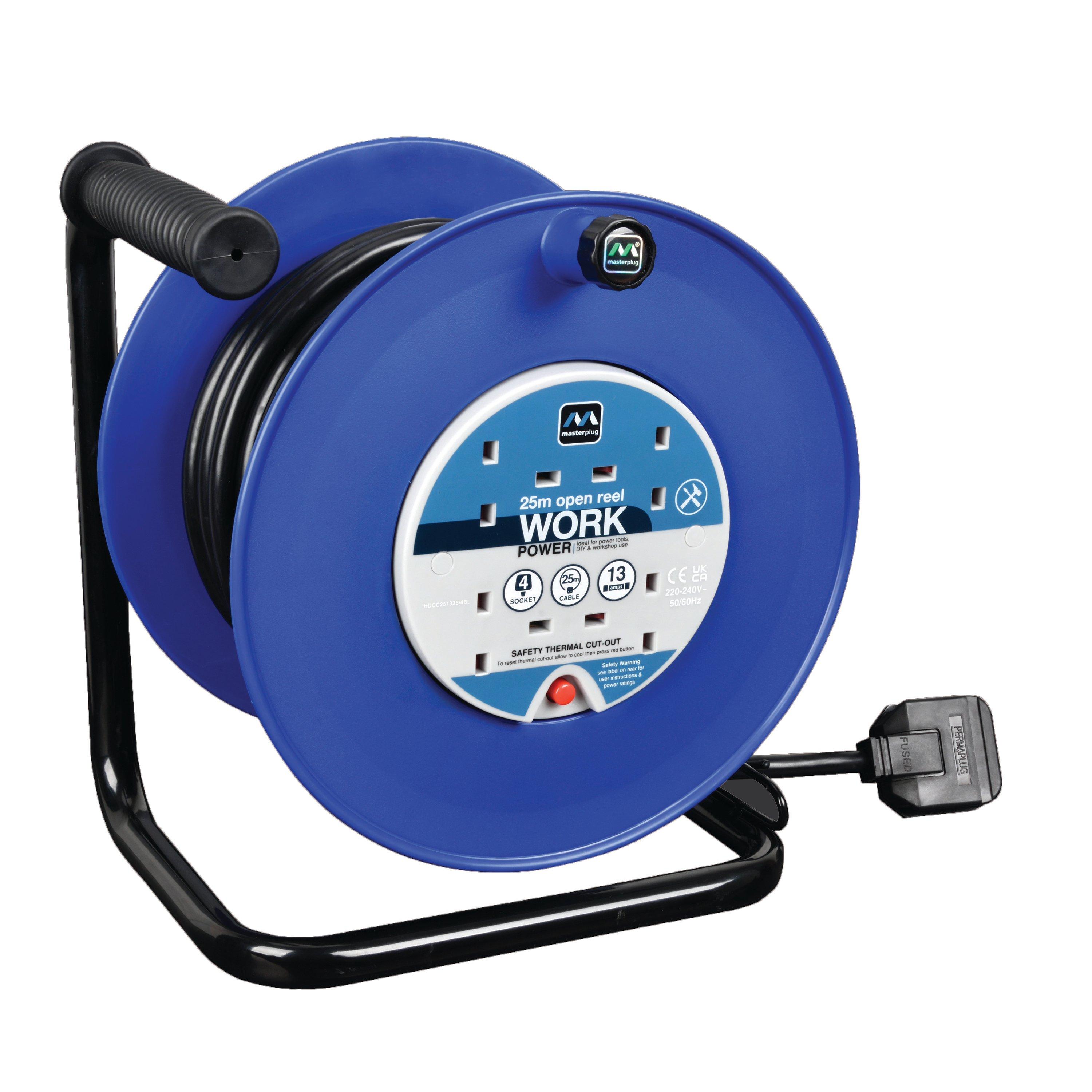 Masterplug  40M 4 Socket Heavy Duty Open Cable Reel - Blue - 40M