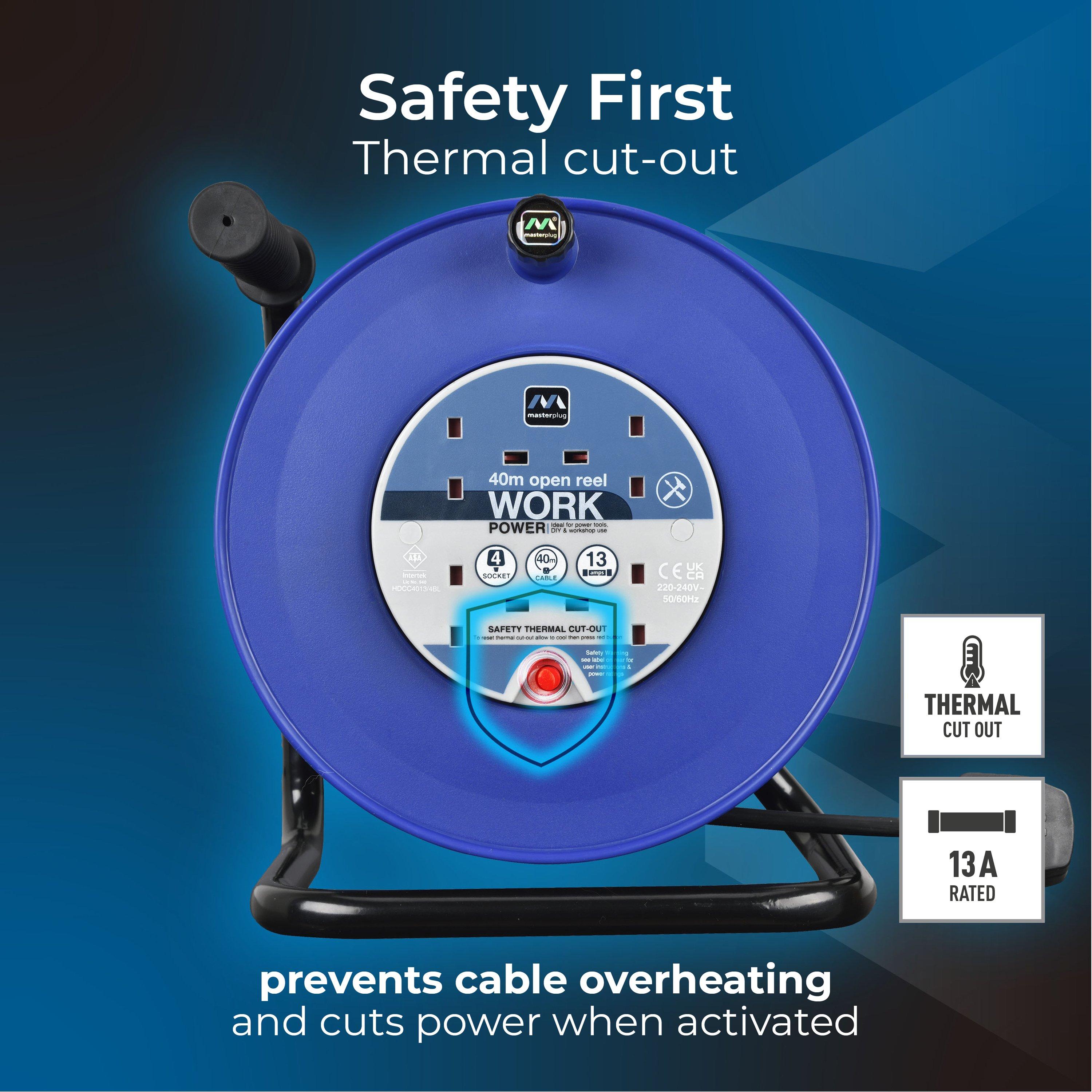 Blue - Masterplug - Masterplug 40m 4 Socket Heavy Duty Open Cable Reel - 4