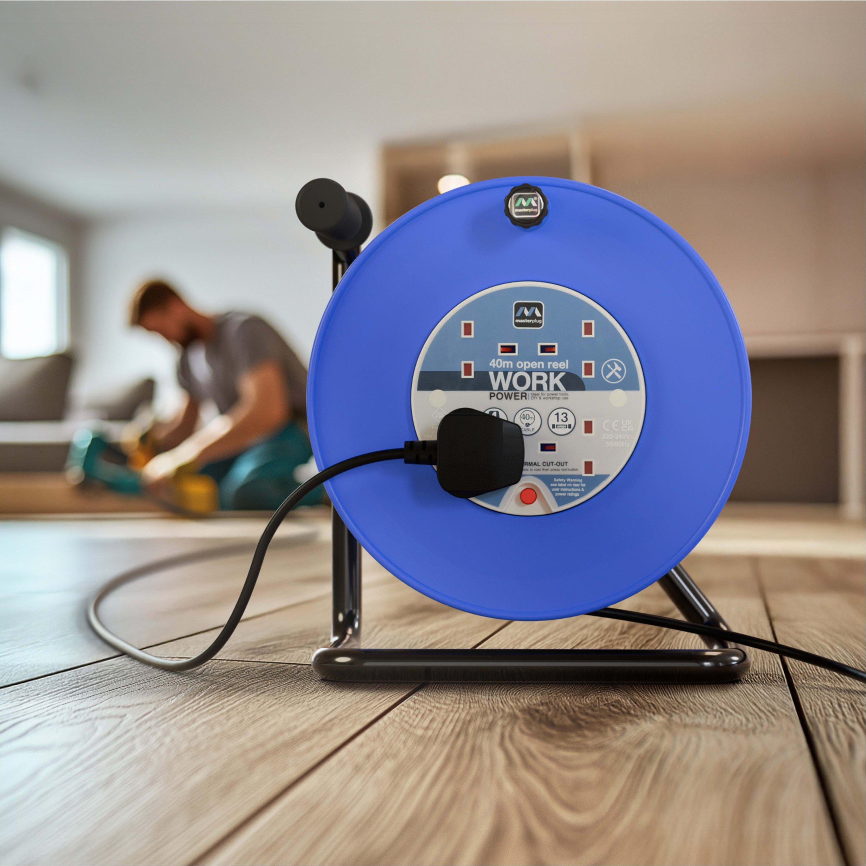 Blue - Masterplug - Masterplug 40m 4 Socket Heavy Duty Open Cable Reel - 8
