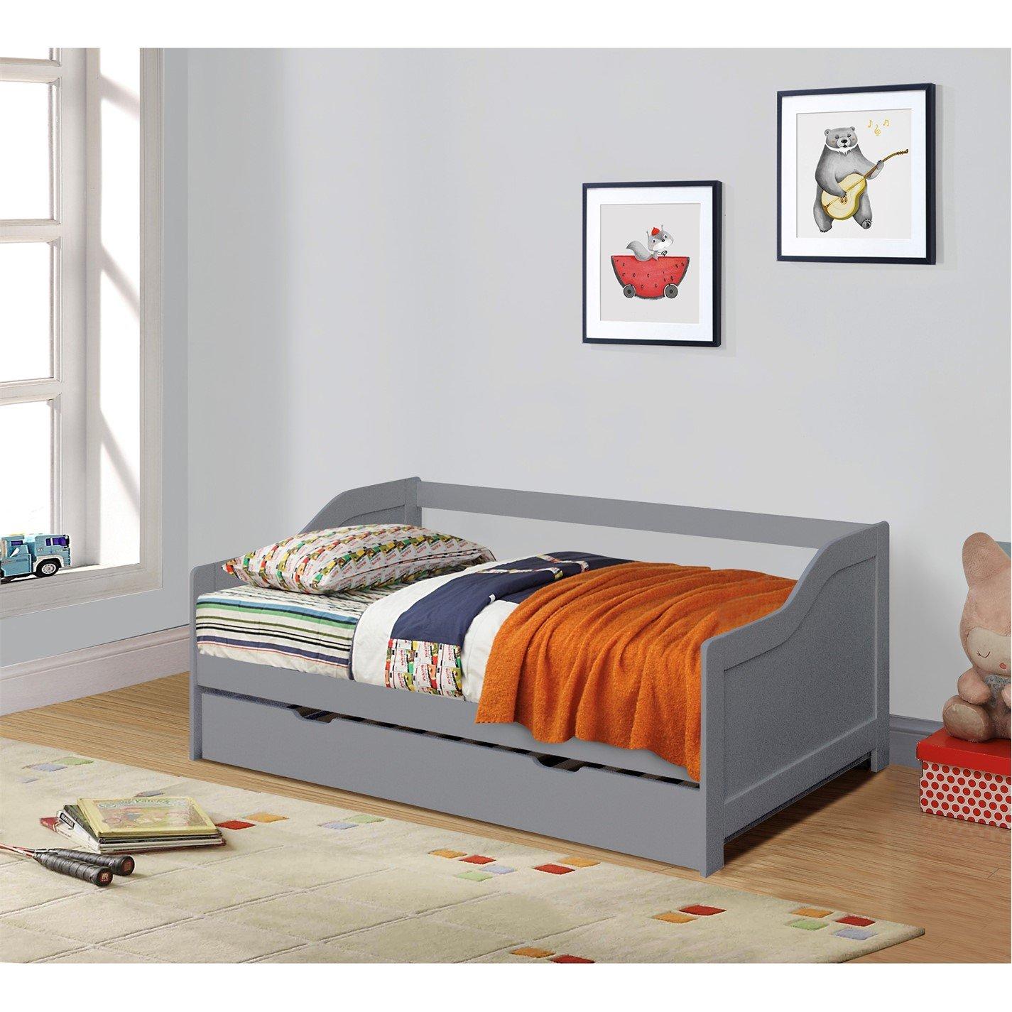 Comfy Living  Kids Wooden Trundle Bed With Mattress - Grey - Single