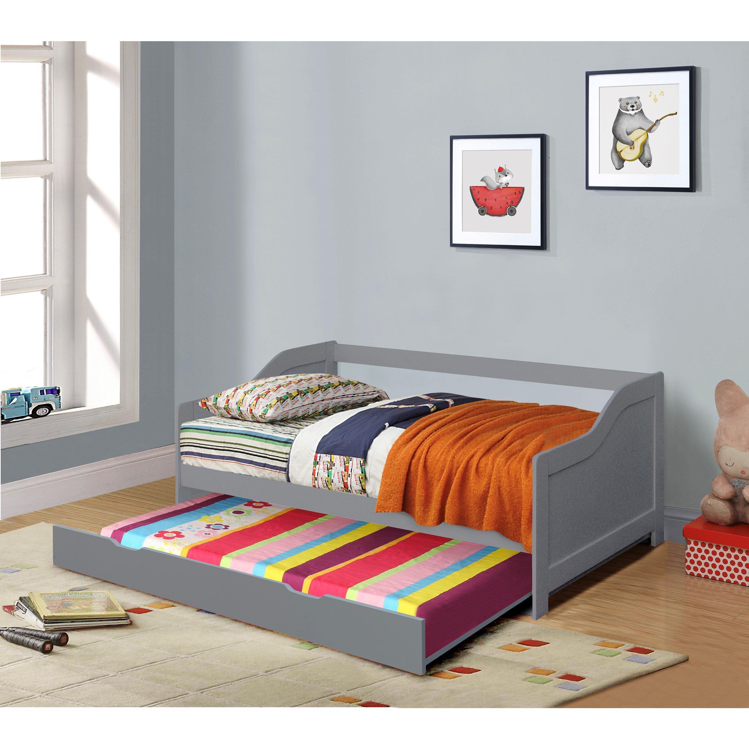 Grey - Comfy Living - Wooden Trundle Bed with Mattress - 2