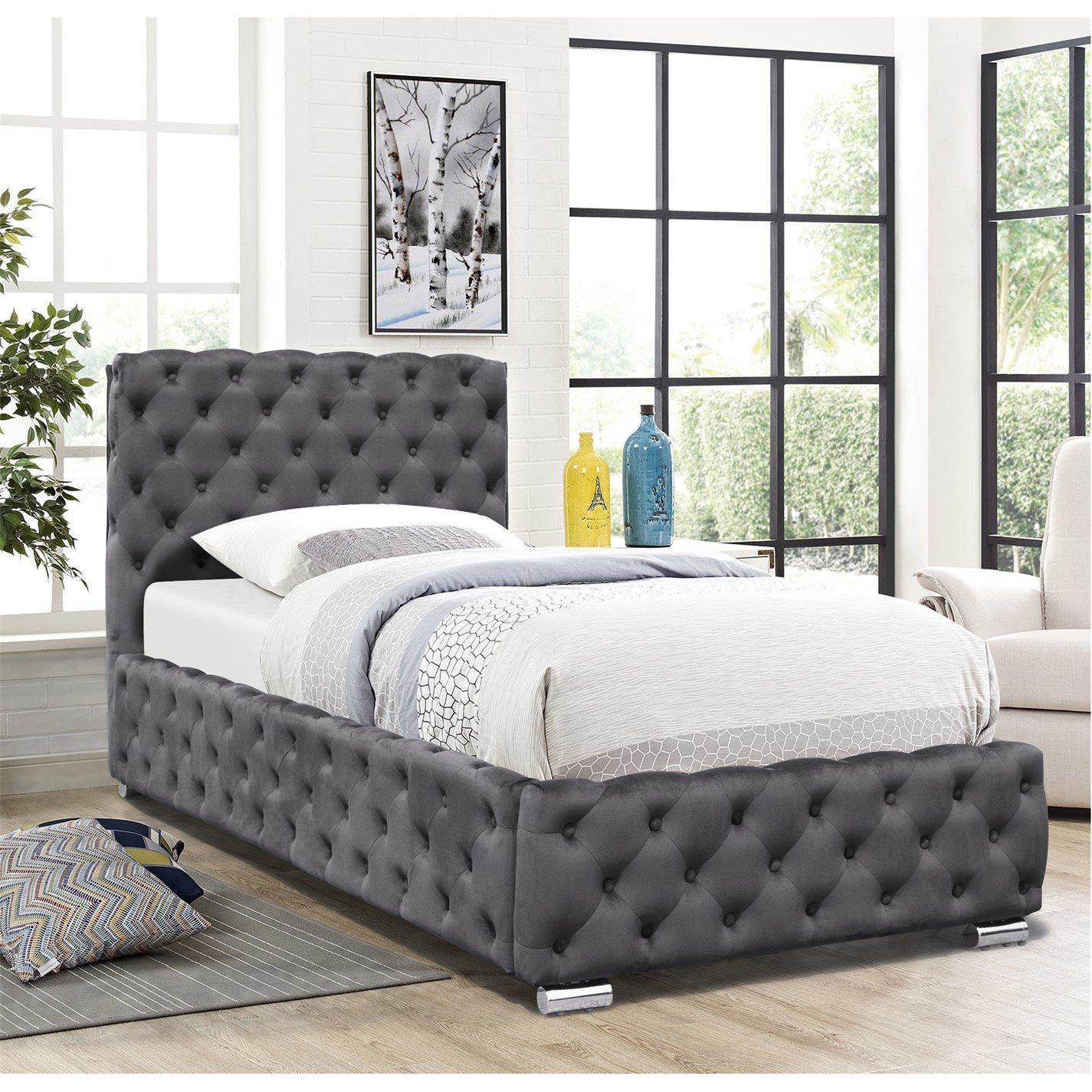Grey - Comfy Living - Tufted Fabric Bed Frame - 2