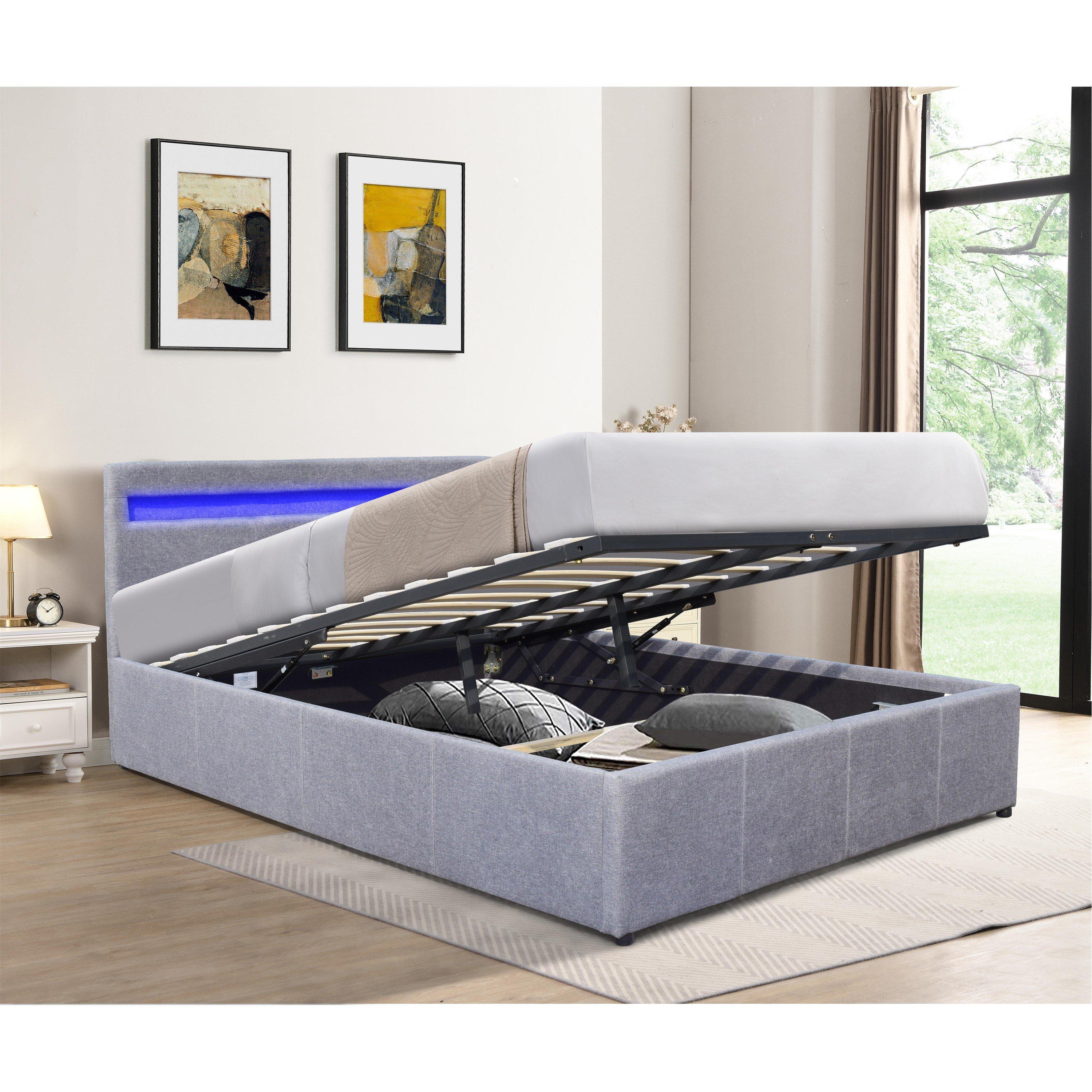 Light Grey - Comfy Living - Ottoman With LED Headboard and Mattress - 3