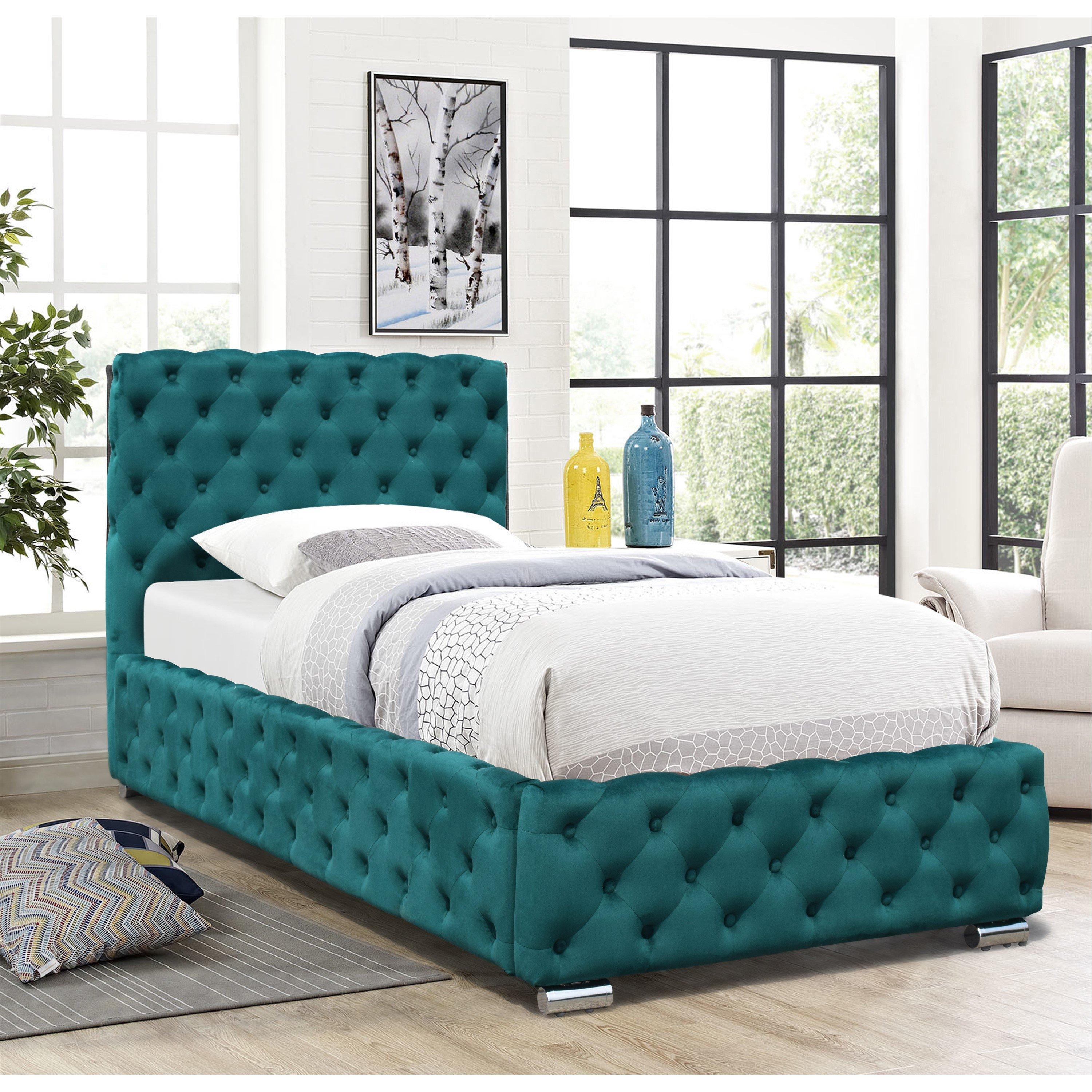 Green - Comfy Living - Tufted Fabric Bed with Mattress - 3