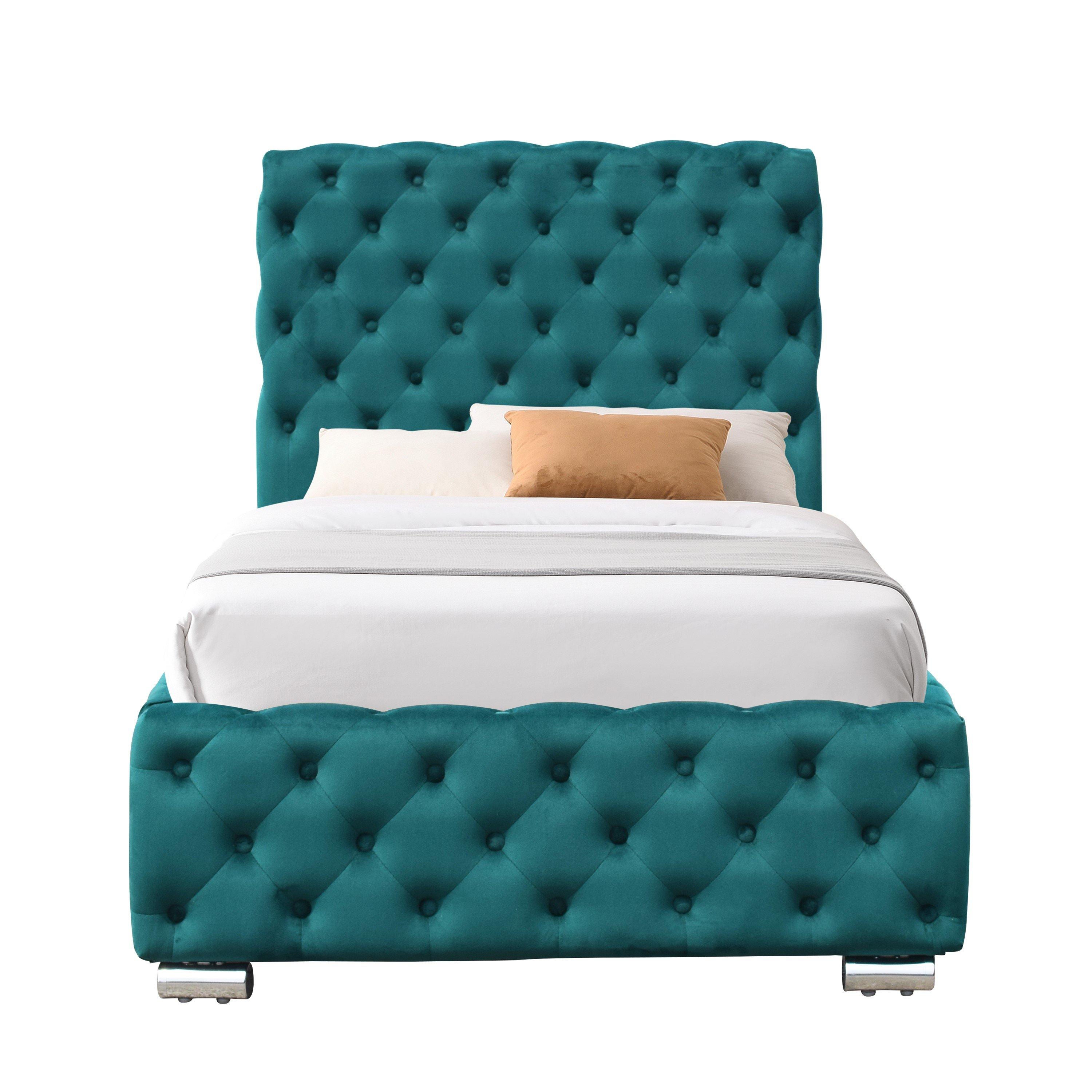 Green - Comfy Living - Tufted Fabric Bed with Mattress - 4