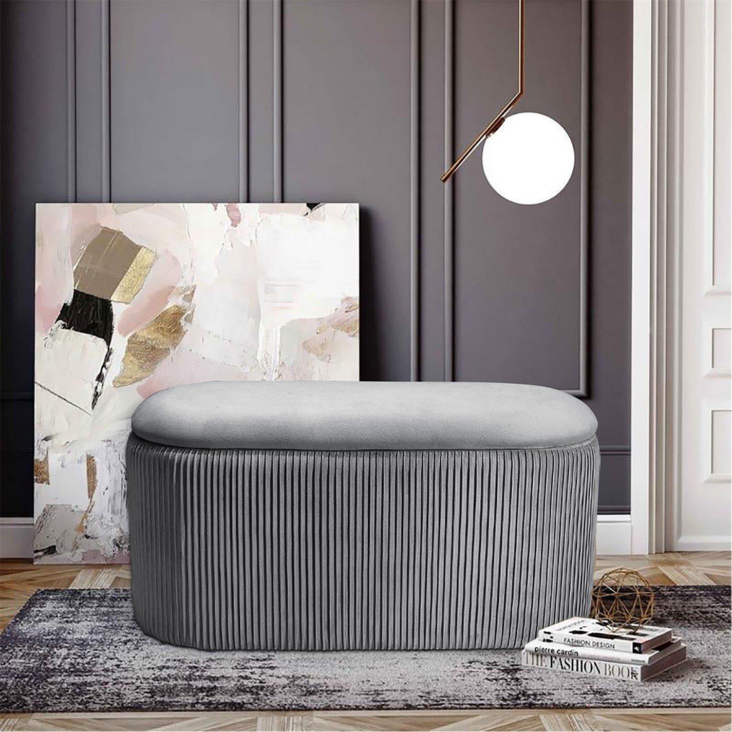 Grey - Kabinet UK - Modern Pleated Storage Oval Ottoman Grey - 2