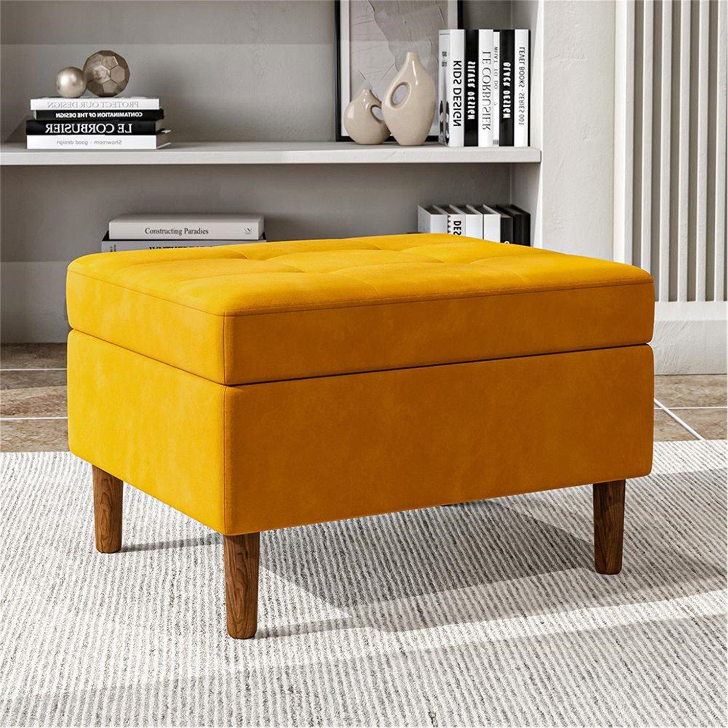 Yellow - Kabinet UK - Rectangular Velvet Ottoman with Checkered Design - 1