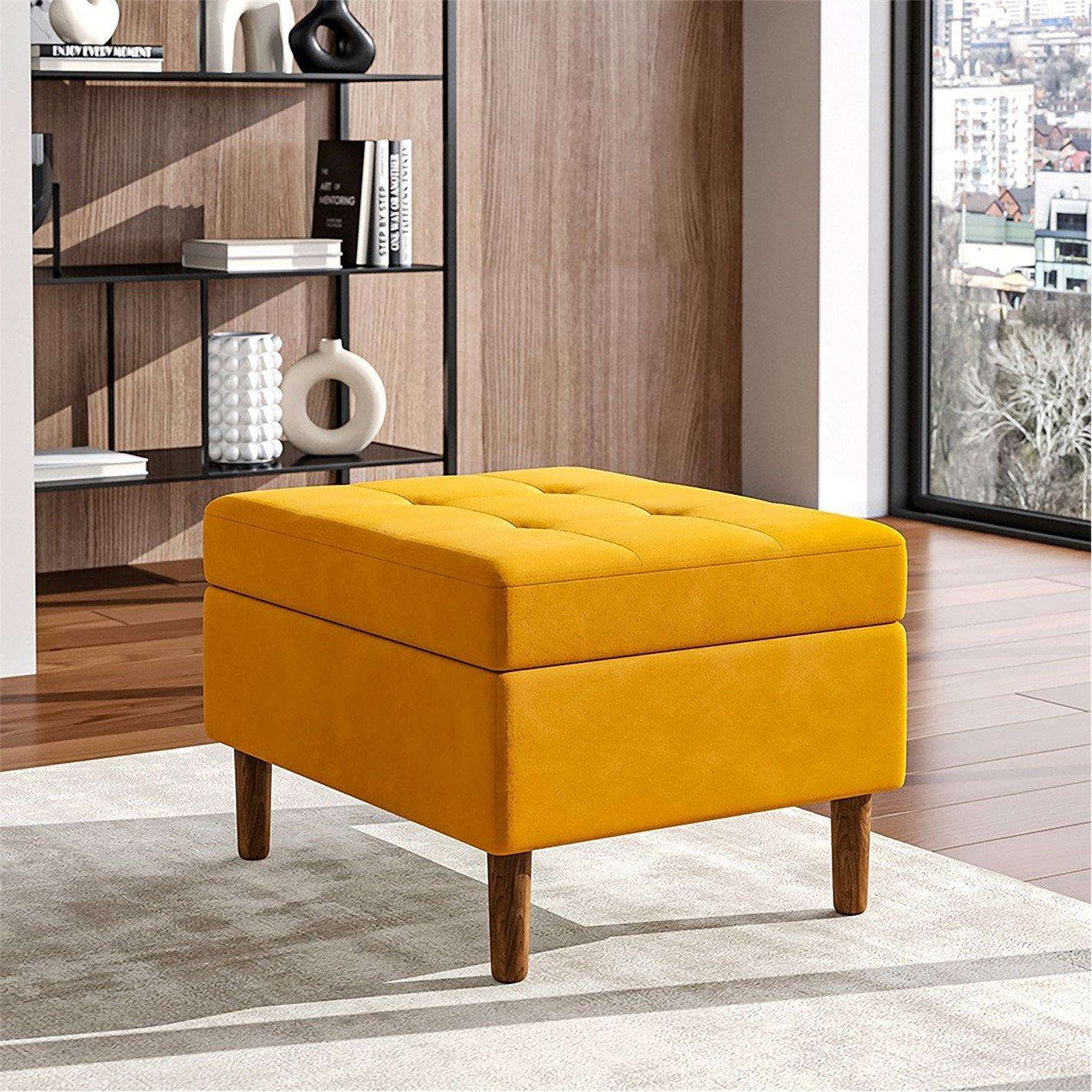 Yellow - Kabinet UK - Rectangular Velvet Ottoman with Checkered Design - 2