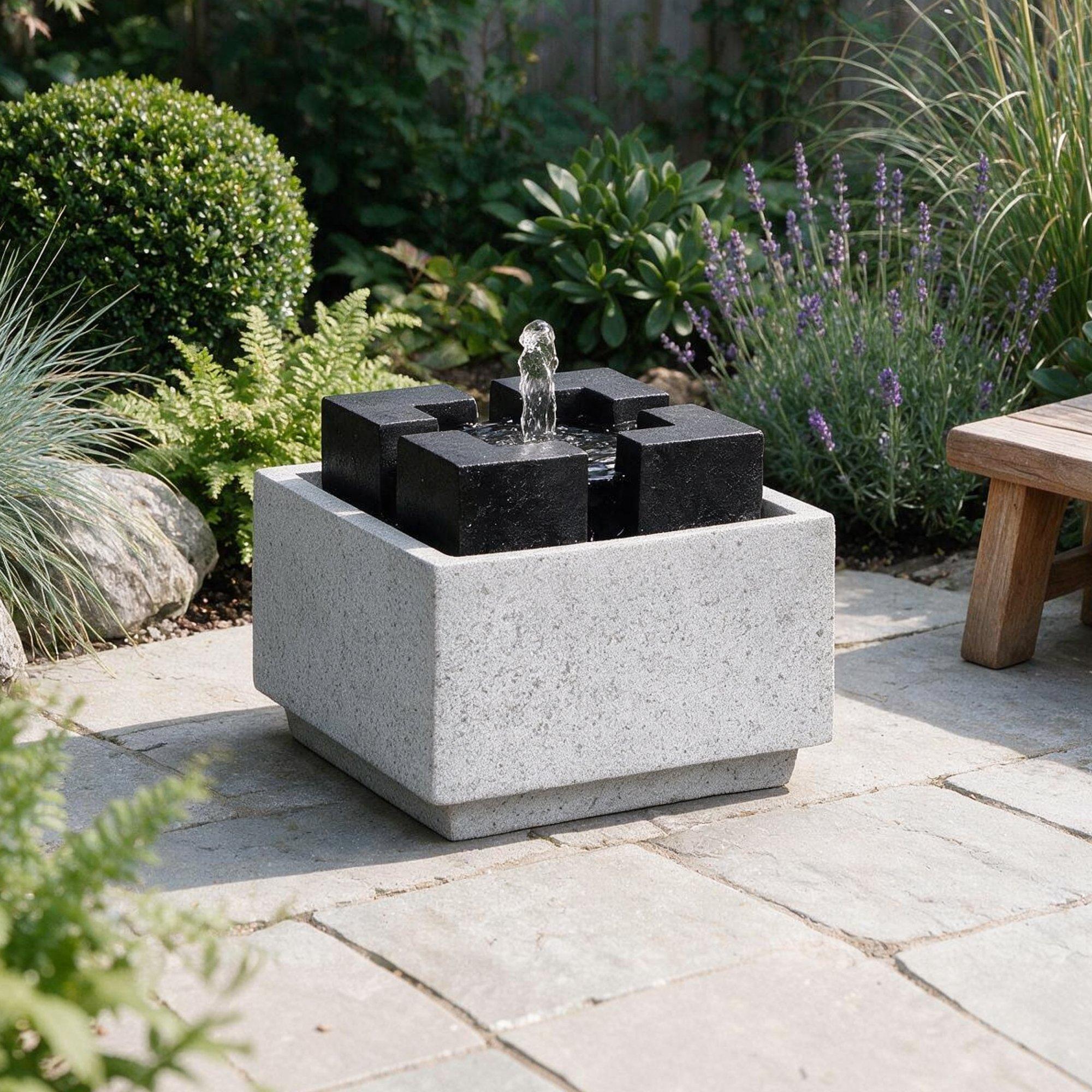Grey/Black - Streetwize - Granite Oasis Solar Fountain - Contemporary Cube - 1