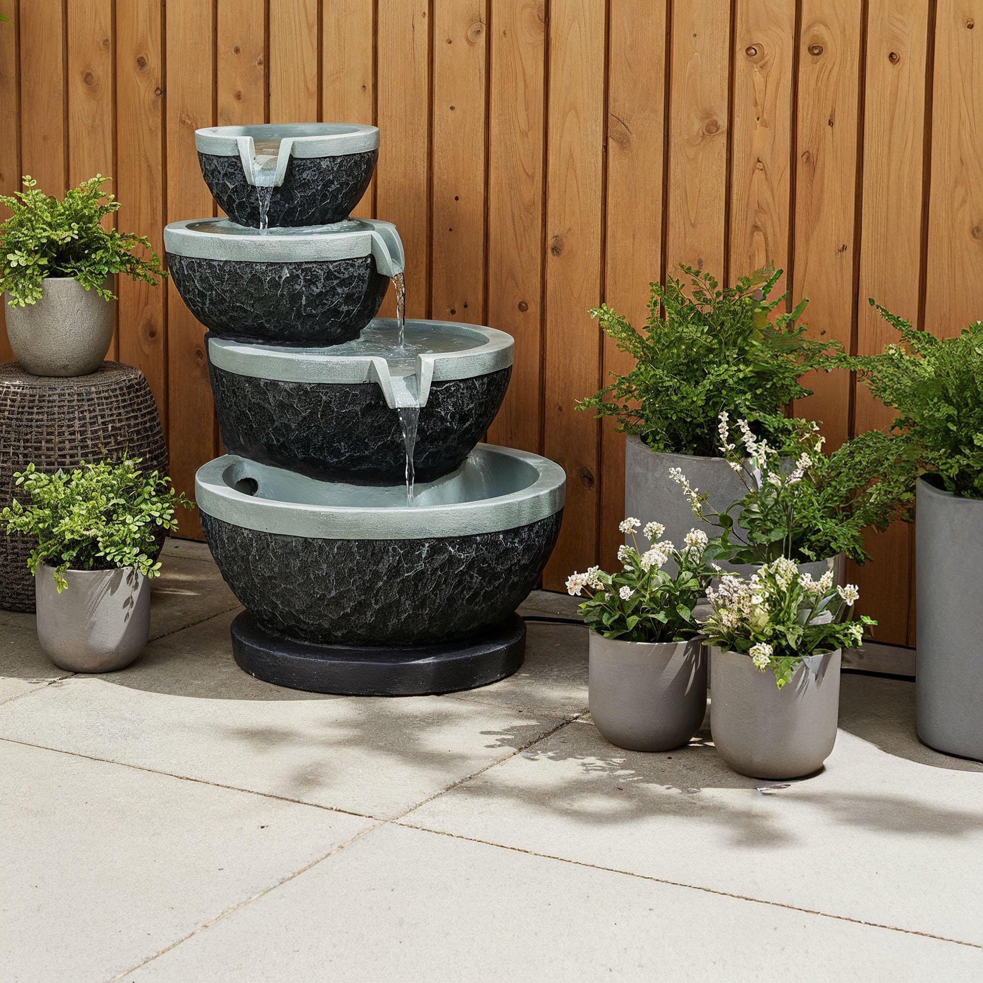Grey/Black - Streetwize - Tiered Cascade Solar Fountain -Four-Bowl Waterfall - 1