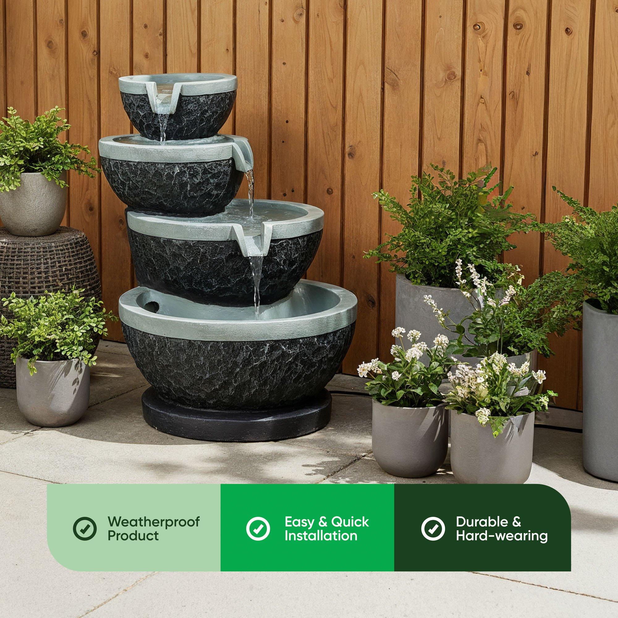 Grey/Black - Streetwize - Tiered Cascade Solar Fountain -Four-Bowl Waterfall - 4
