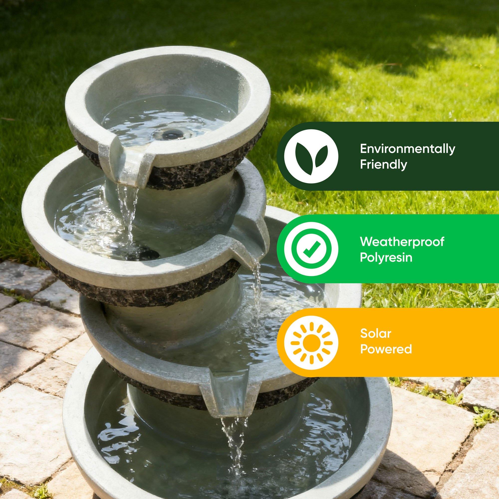 Grey/Black - Streetwize - Tiered Cascade Solar Fountain -Four-Bowl Waterfall - 5