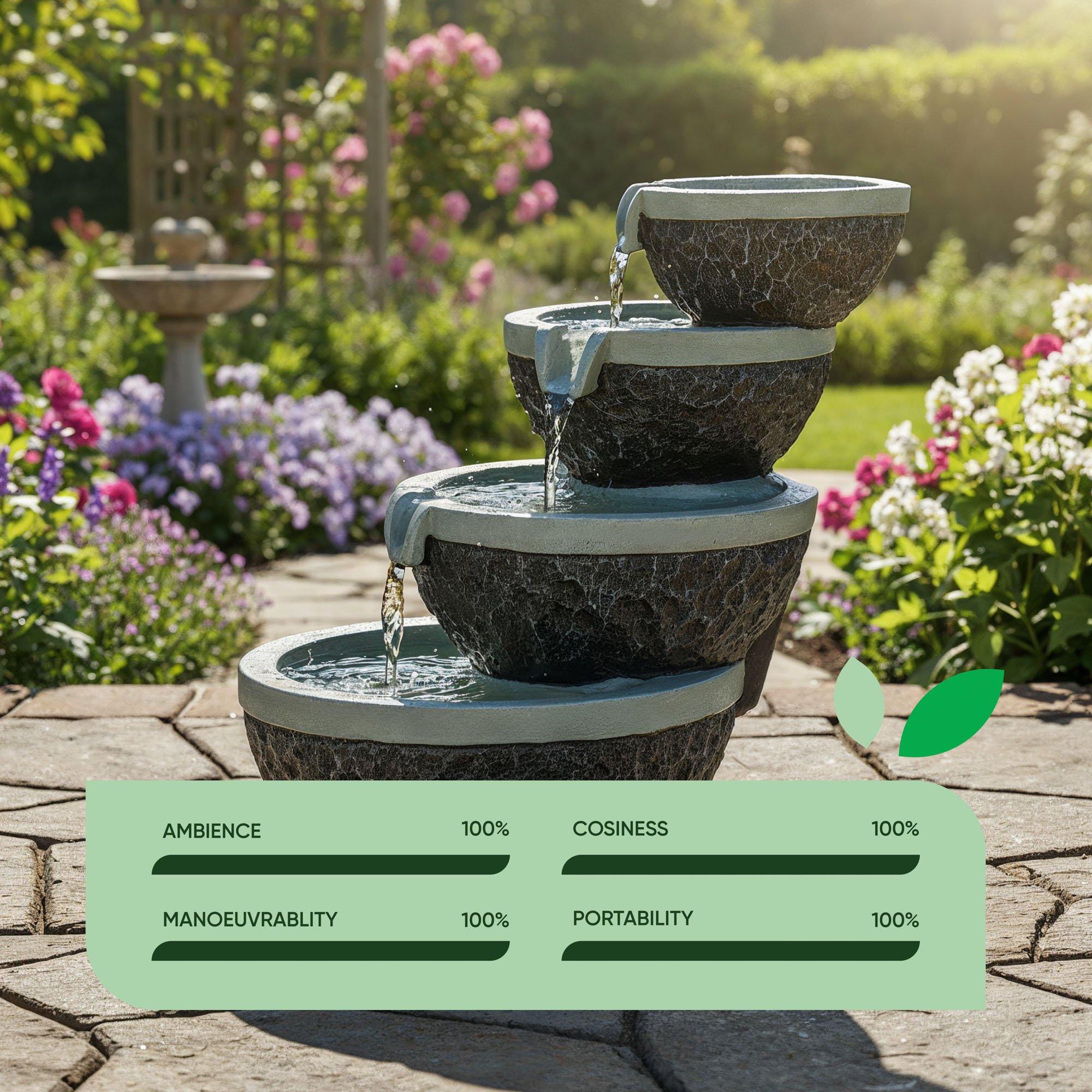 Grey/Black - Streetwize - Tiered Cascade Solar Fountain -Four-Bowl Waterfall - 7