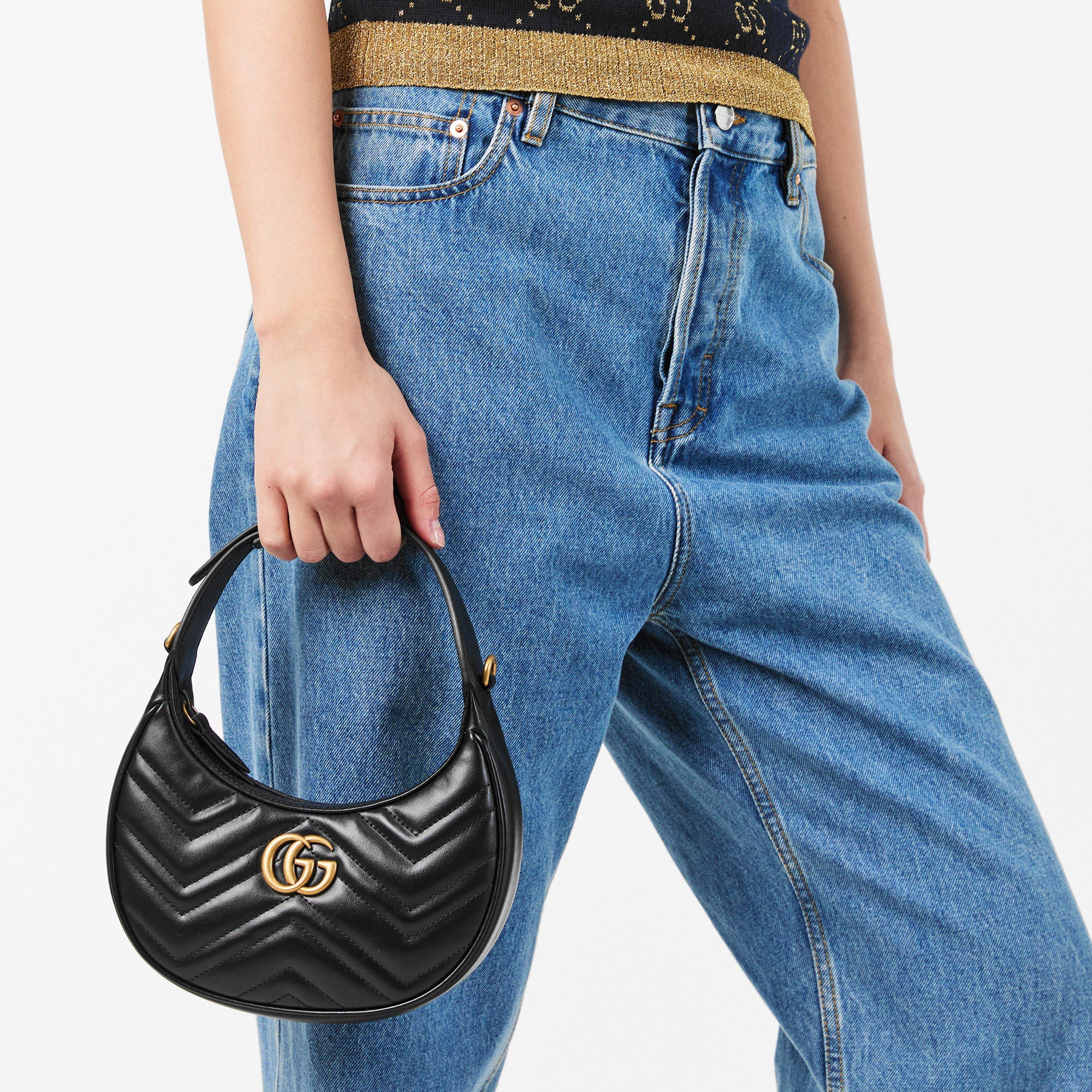 Nero - Gucci - Women's Chevron Leather GG Marmont Half-Moon Mini Bag - 3