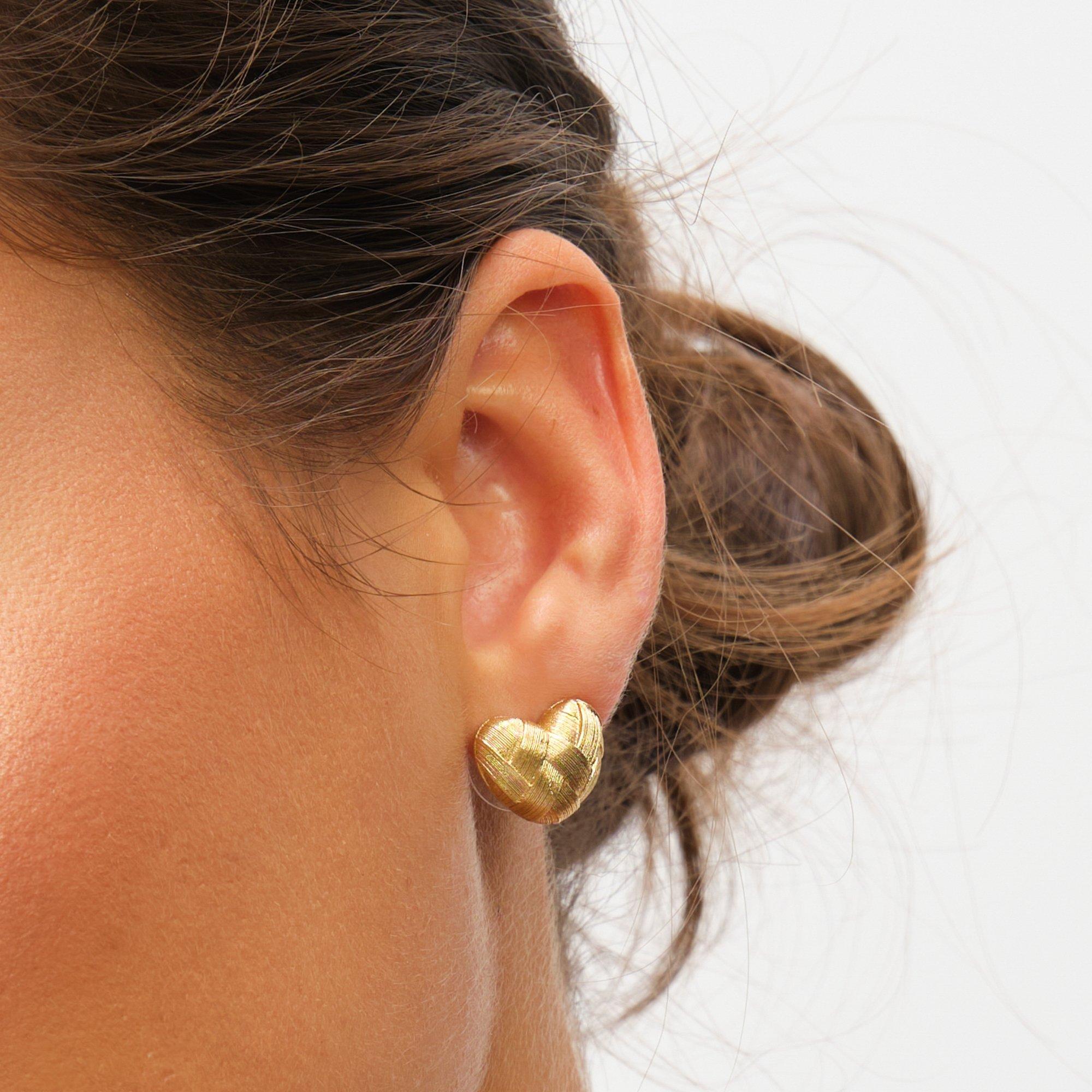 Gold - Inicio - Gold Plated Brushed Heart Studs - Gift Pouch - 2