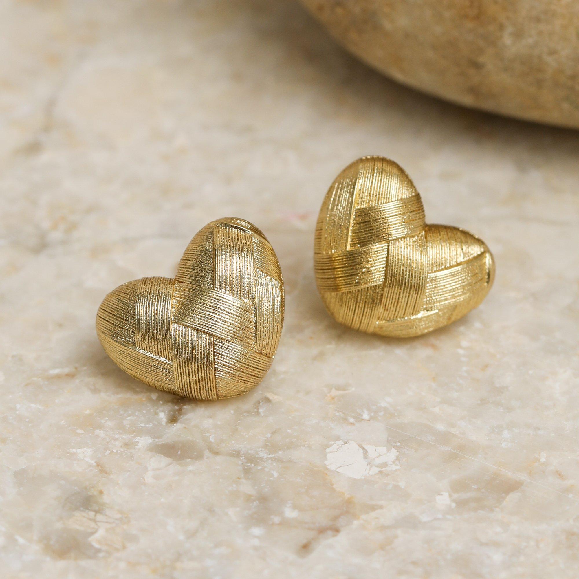 Gold - Inicio - Gold Plated Brushed Heart Studs - Gift Pouch - 3