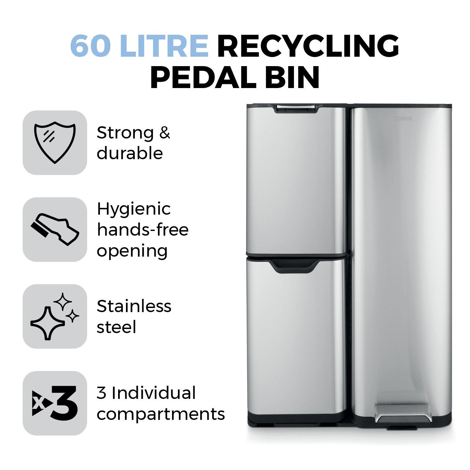 Stainless Steel - Tower - 60L Recycling Pedal Bin - 2