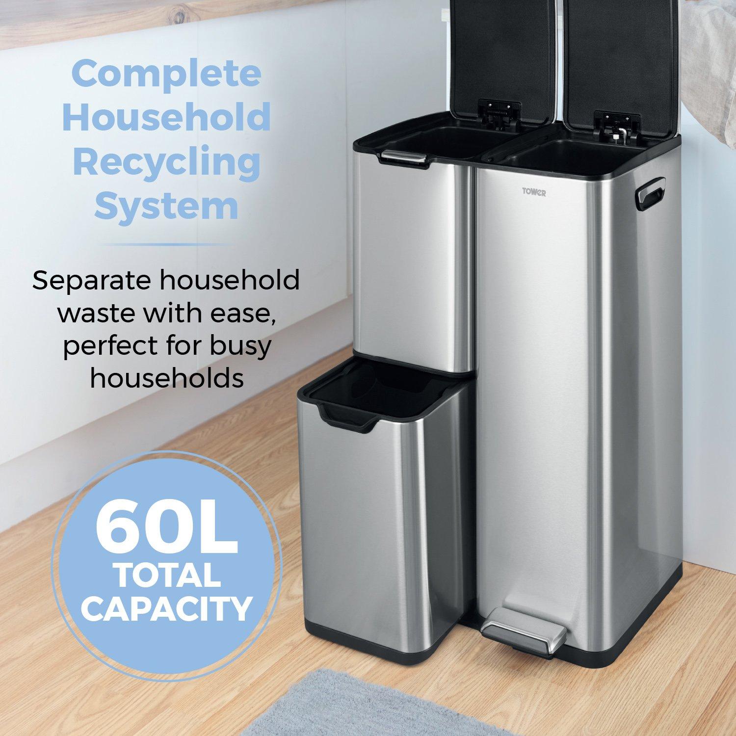 Stainless Steel - Tower - 60L Recycling Pedal Bin - 3