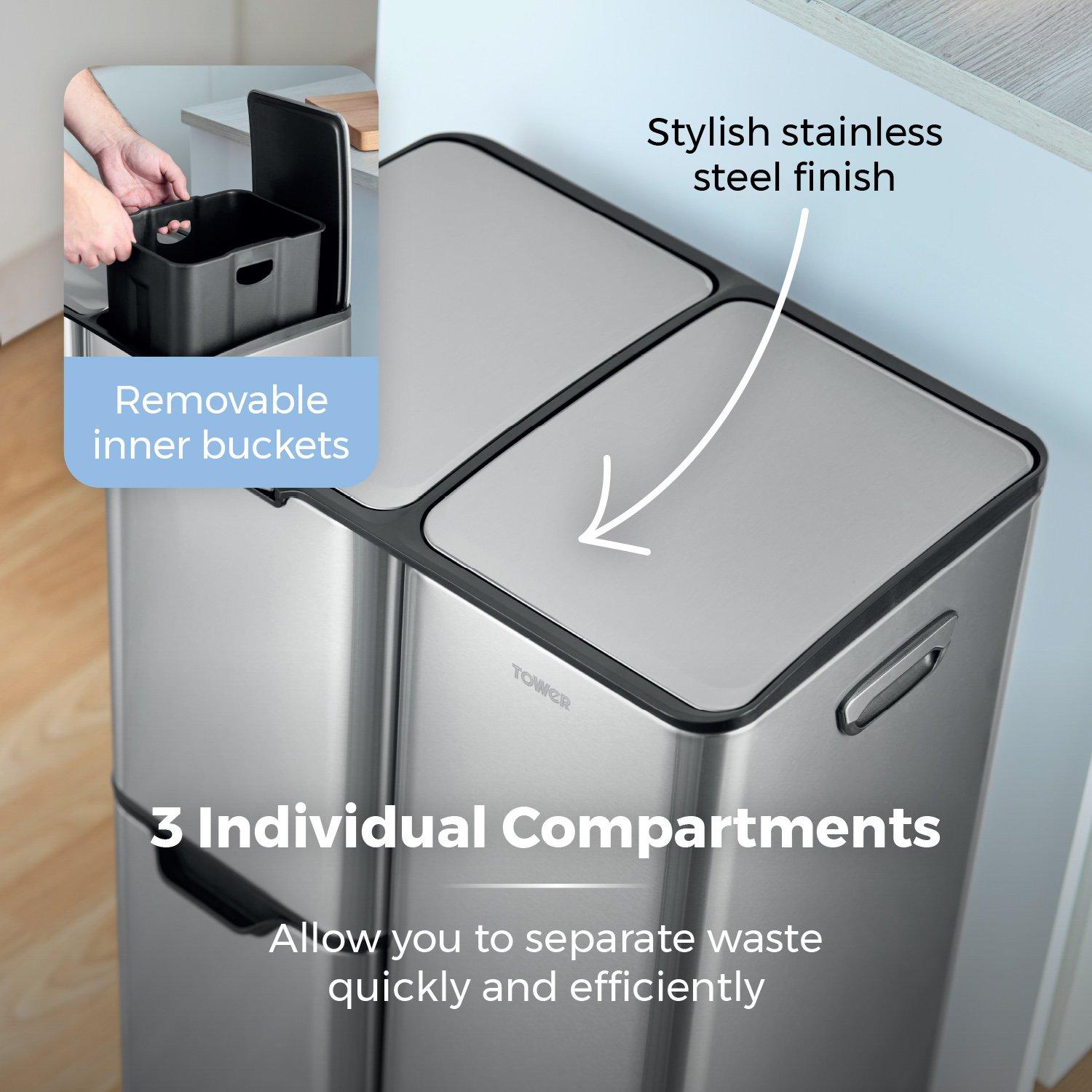Stainless Steel - Tower - 60L Recycling Pedal Bin - 5