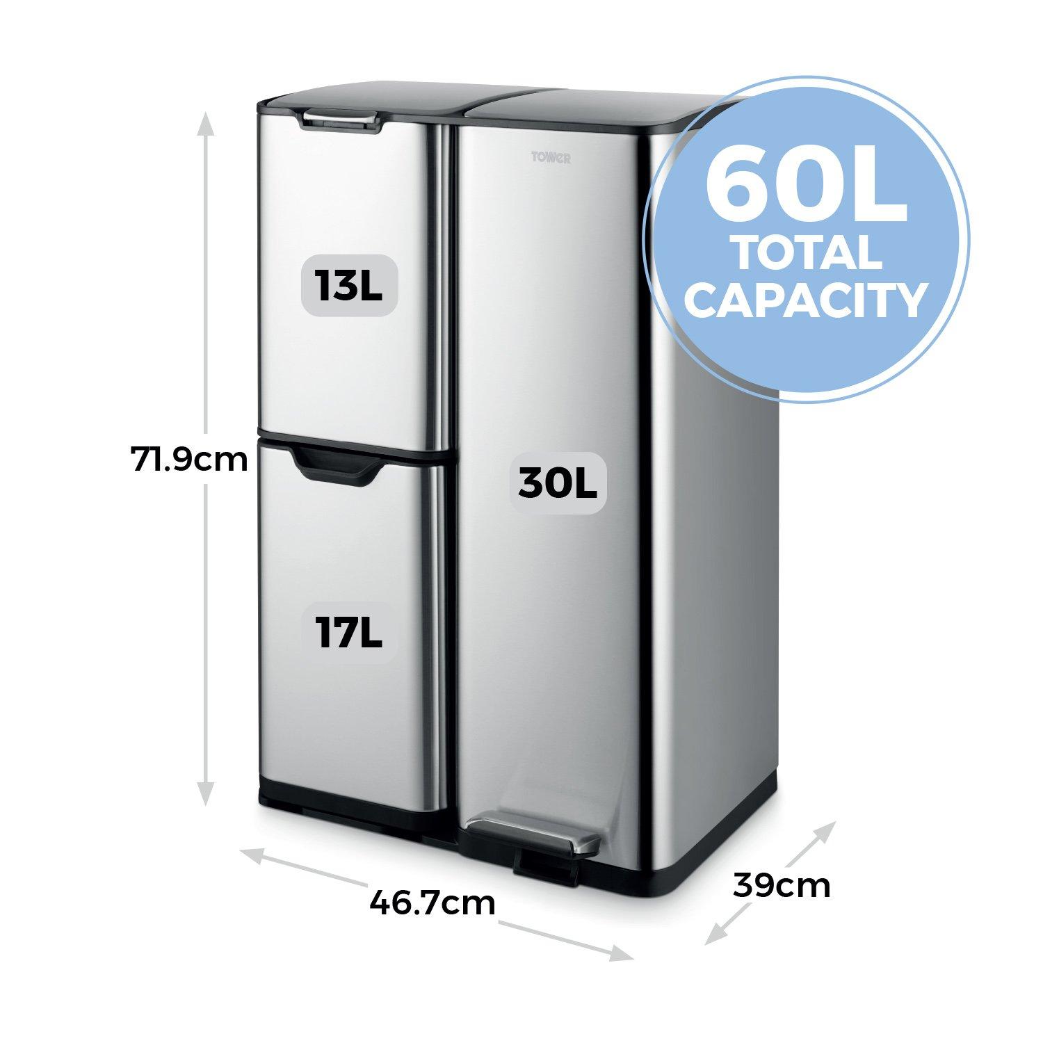 Stainless Steel - Tower - 60L Recycling Pedal Bin - 6