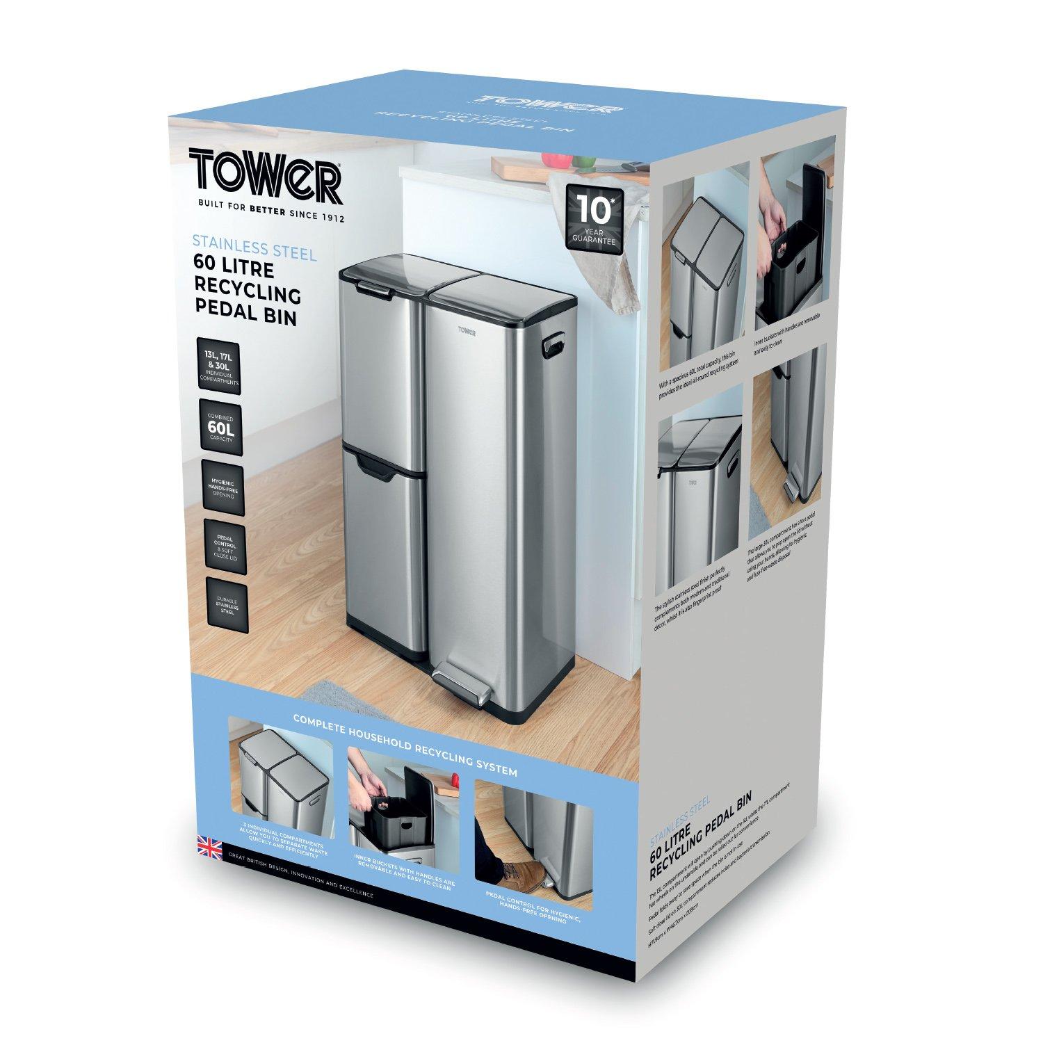 Stainless Steel - Tower - 60L Recycling Pedal Bin - 8