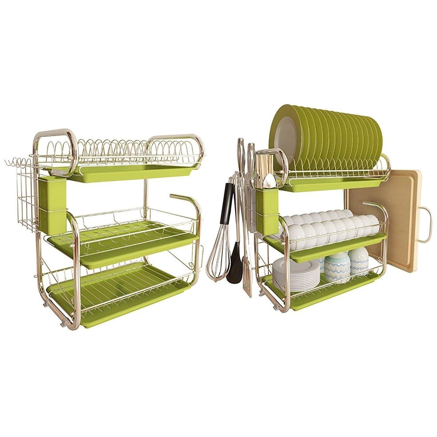 Green - LIFE IDEAS - 3-Tier Dish Drainer Storage Stand Green - 3
