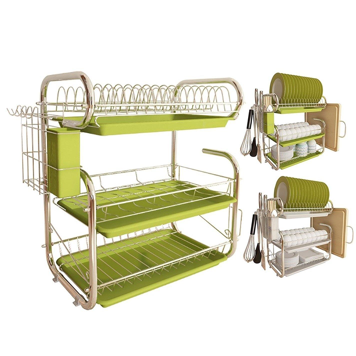 Green - LIFE IDEAS - 3-Tier Dish Drainer Storage Stand Green - 4