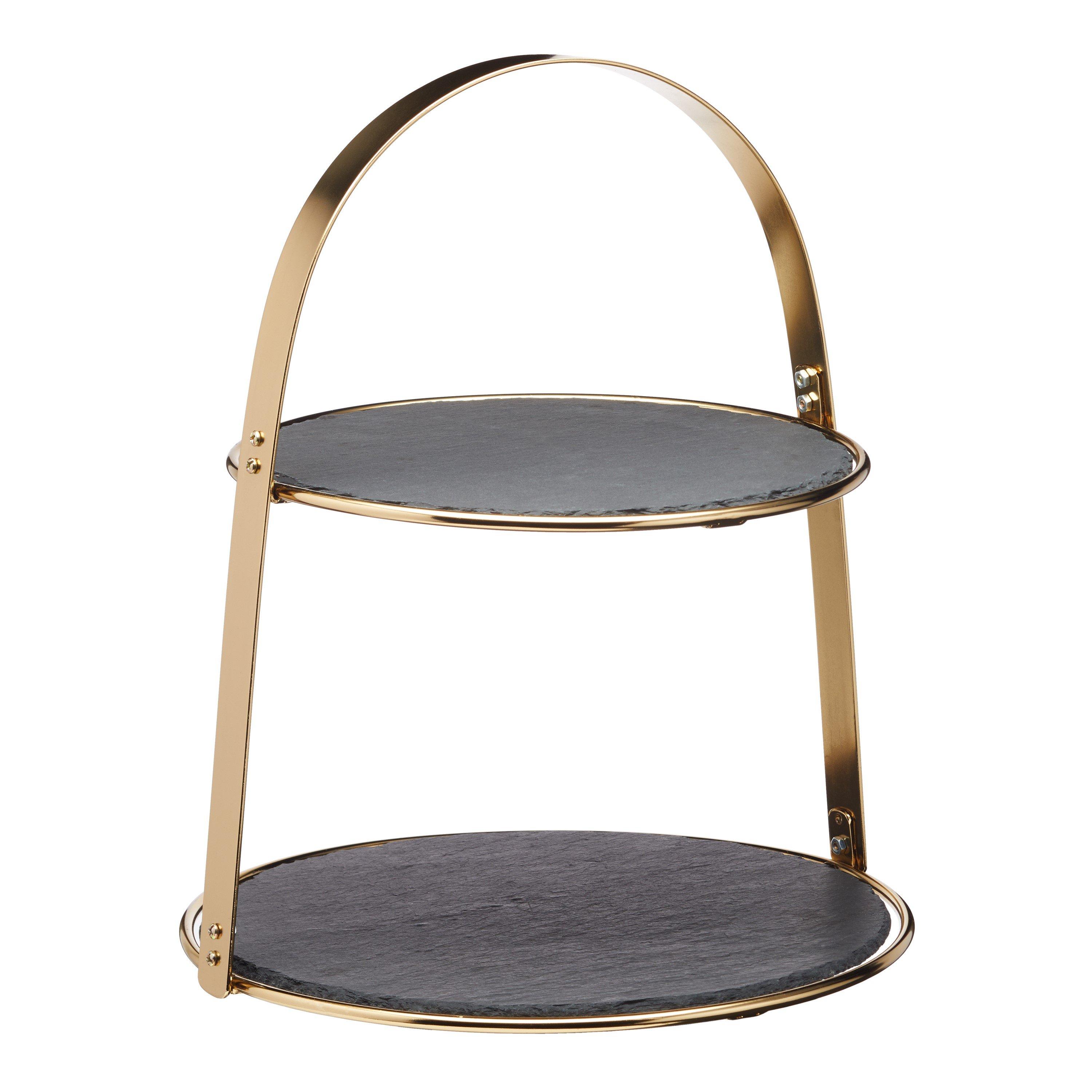 Artesa  2-Tier Brass Cake Stand With Round Slate - Black - 29.5x35cm