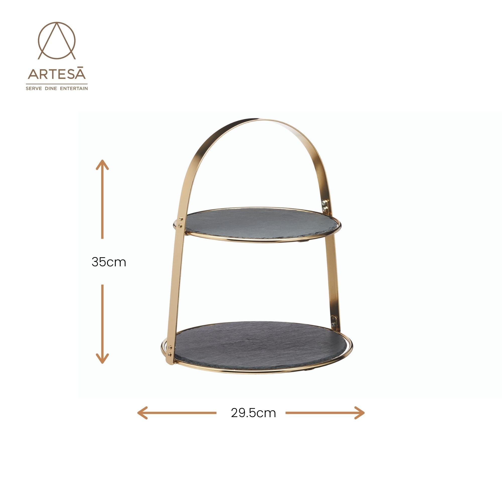 Black - Artesa - 2-Tier Brass Cake Stand with Round Slate - 2
