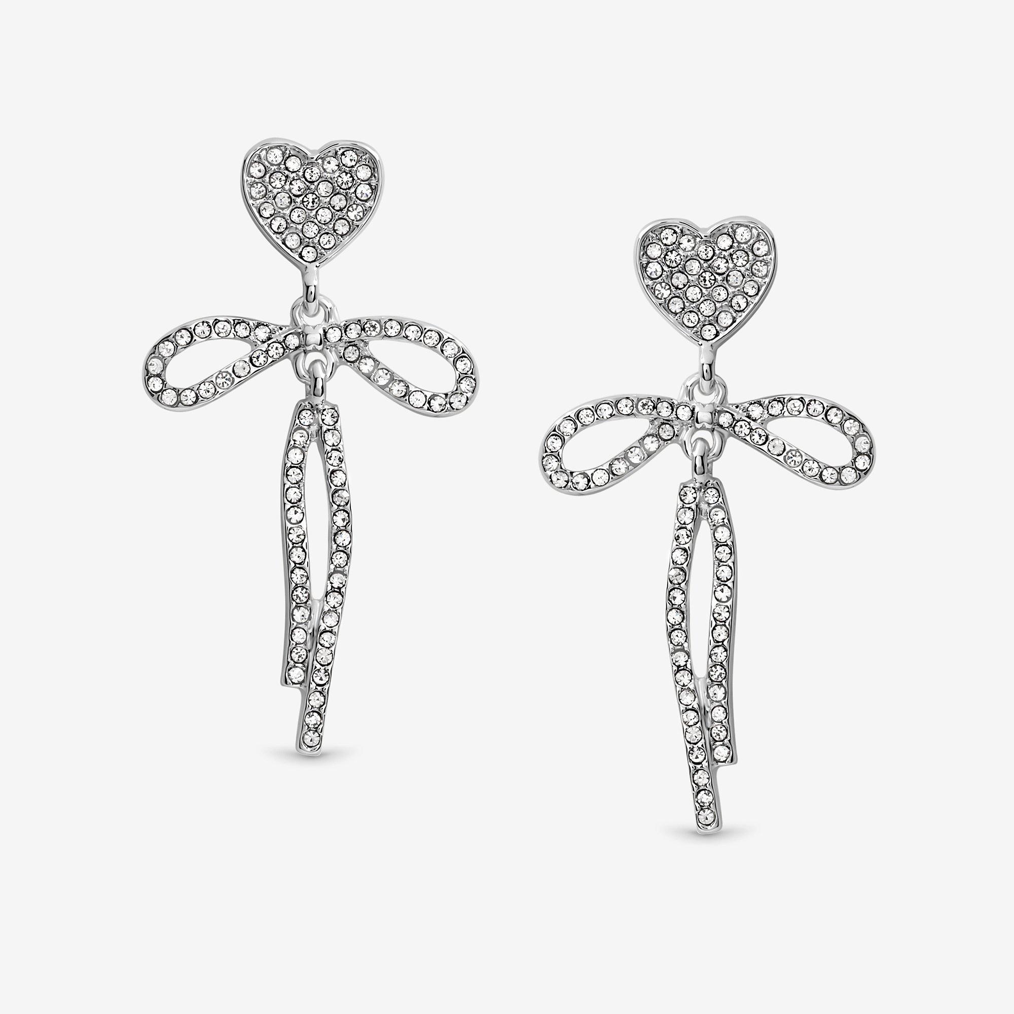 Silver - Mood - Silver Crystal Dainty Heart & Bow Drop Earrings - 1