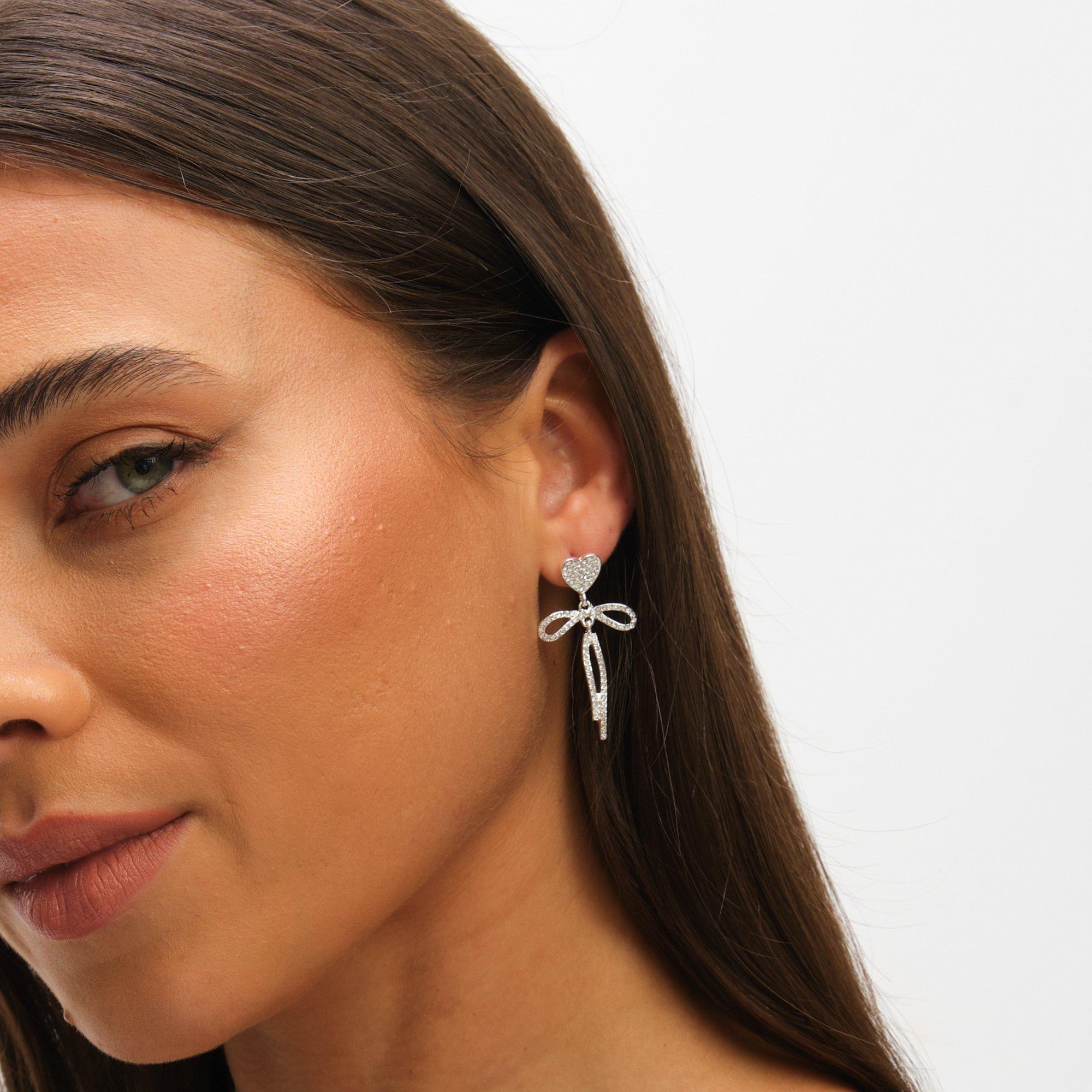 Silver - Mood - Silver Crystal Dainty Heart & Bow Drop Earrings - 2