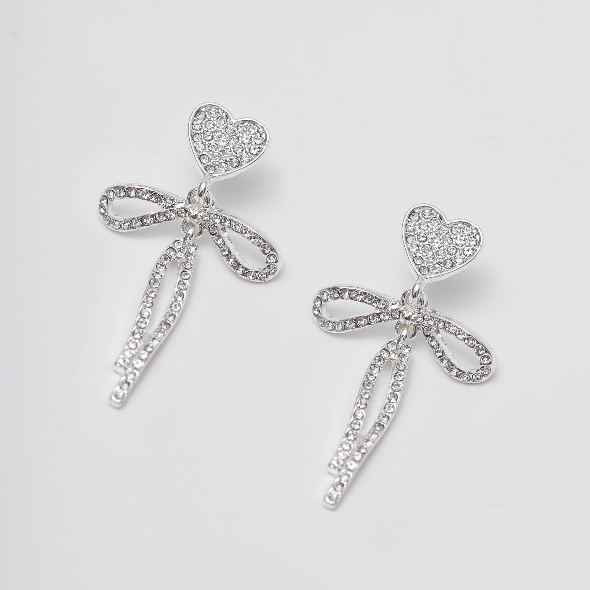 Silver - Mood - Silver Crystal Dainty Heart & Bow Drop Earrings - 3