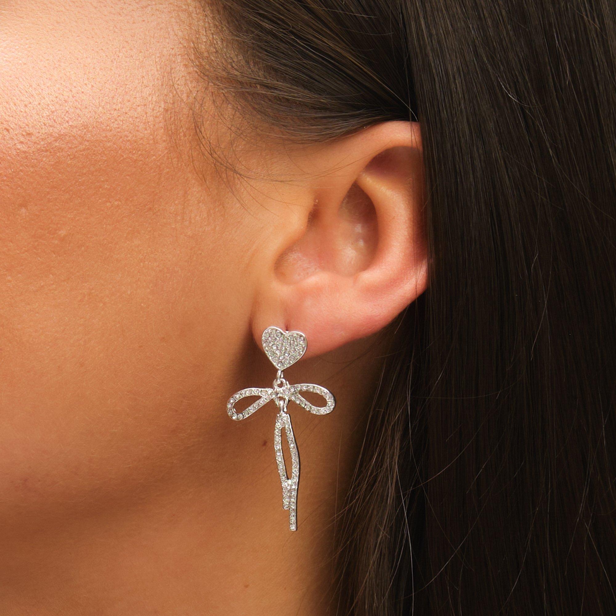 Silver - Mood - Silver Crystal Dainty Heart & Bow Drop Earrings - 4