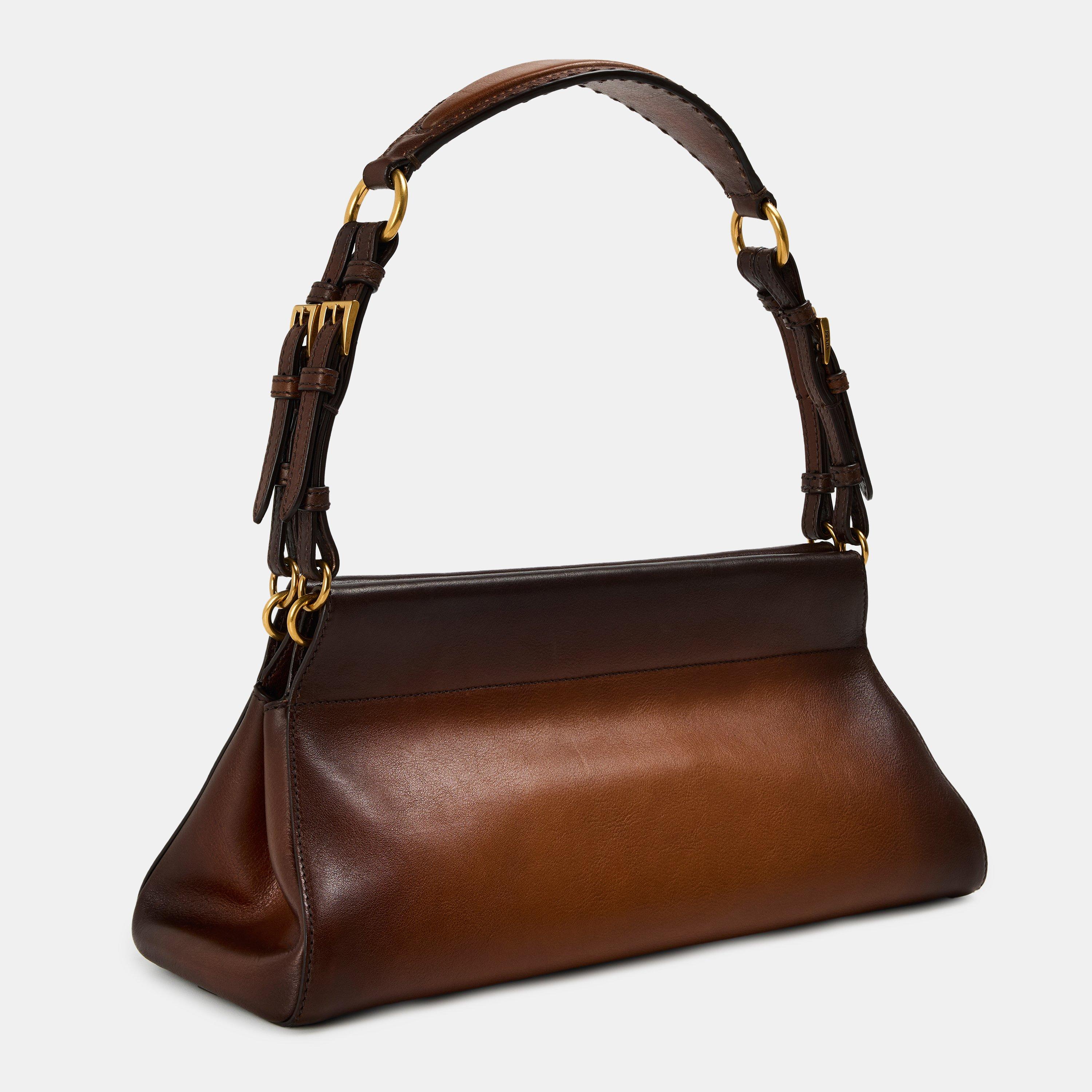 PRADA HANDOBAG 三角プレート レザー A4可ブラウン 1円【輝く高級感】PRADA プラダ ハンドバッグ クロコダイル レザー