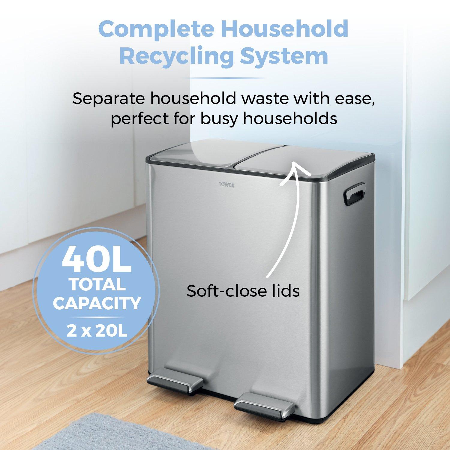 Stainless Steel - Tower - 40L Recycling Pedal Bin - 3