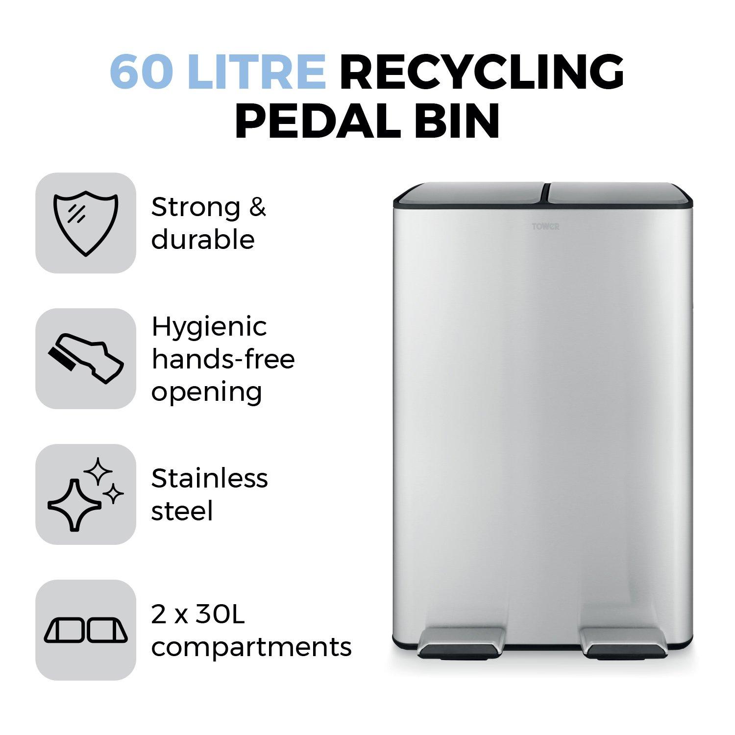 Stainless Steel - Tower - 60L Recycling Pedal Bin - 2