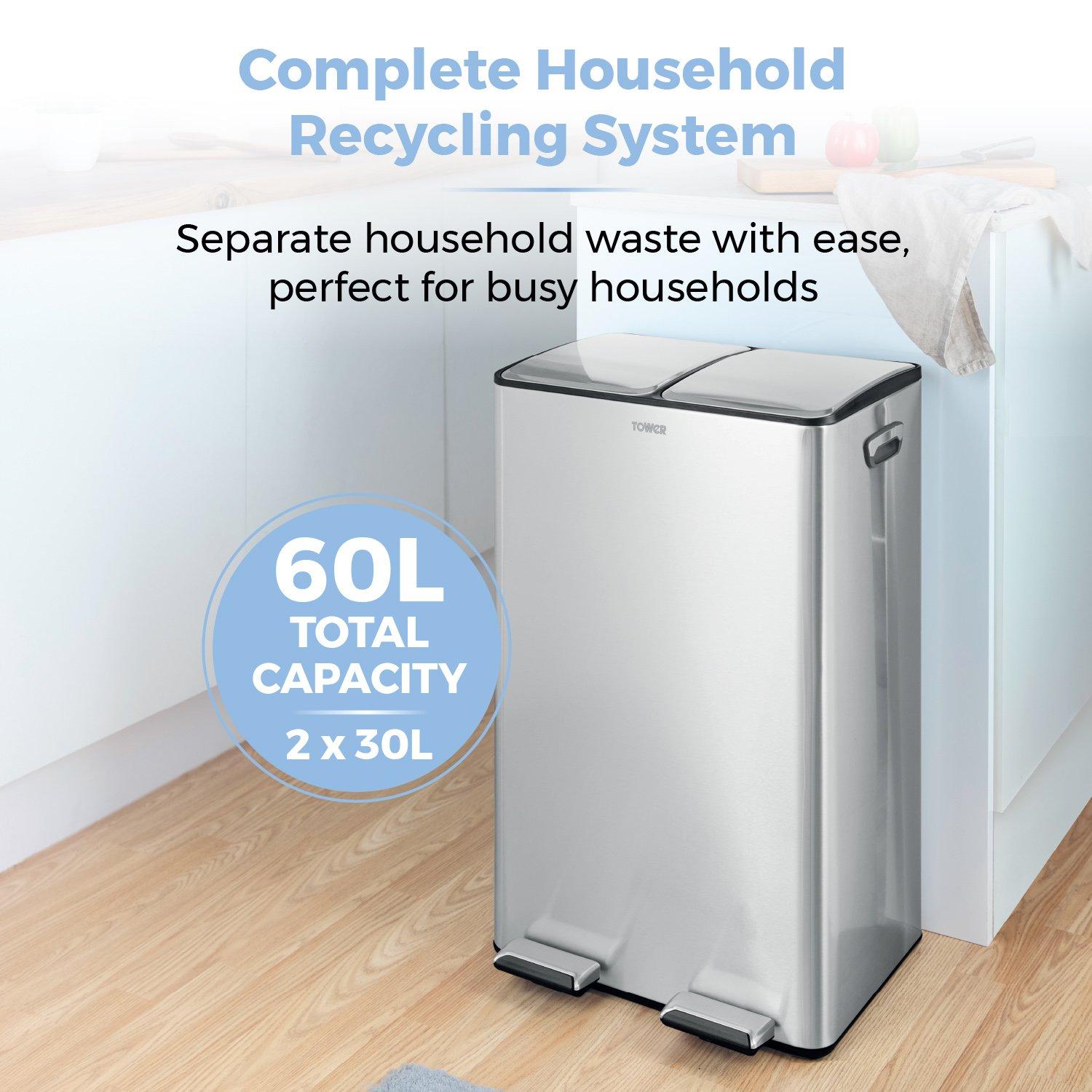 Stainless Steel - Tower - 60L Recycling Pedal Bin - 3