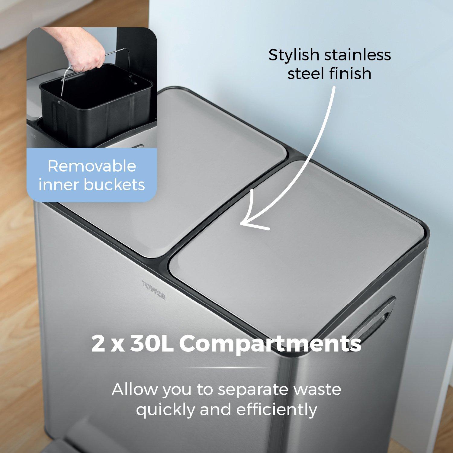 Stainless Steel - Tower - 60L Recycling Pedal Bin - 5