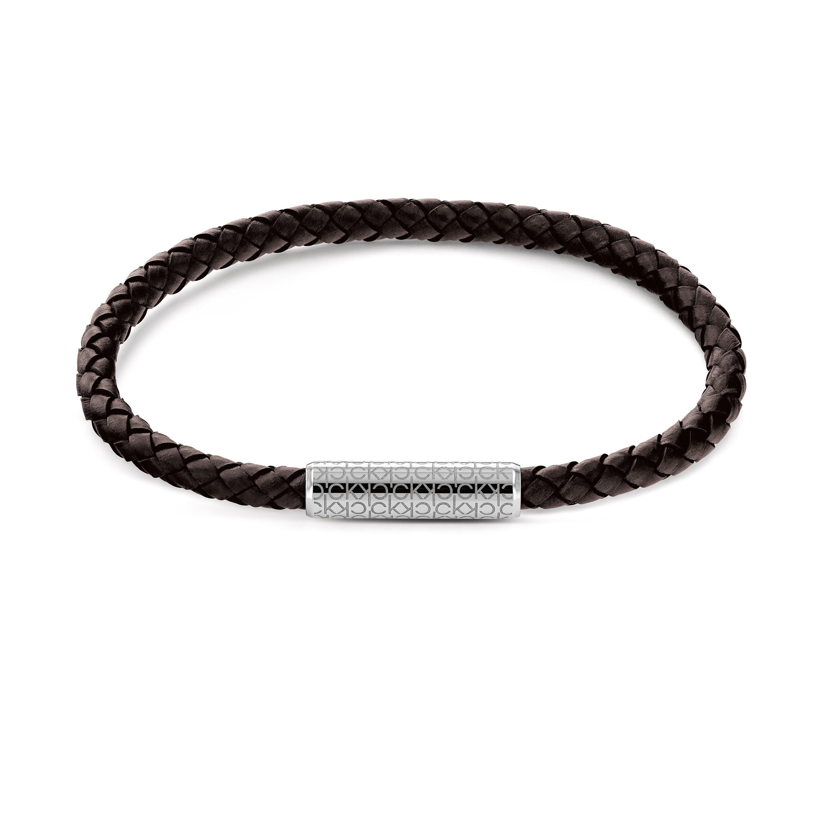 Calvin Klein Gents Calvin Klein black leather and stainless steel single wrap  bracelet.