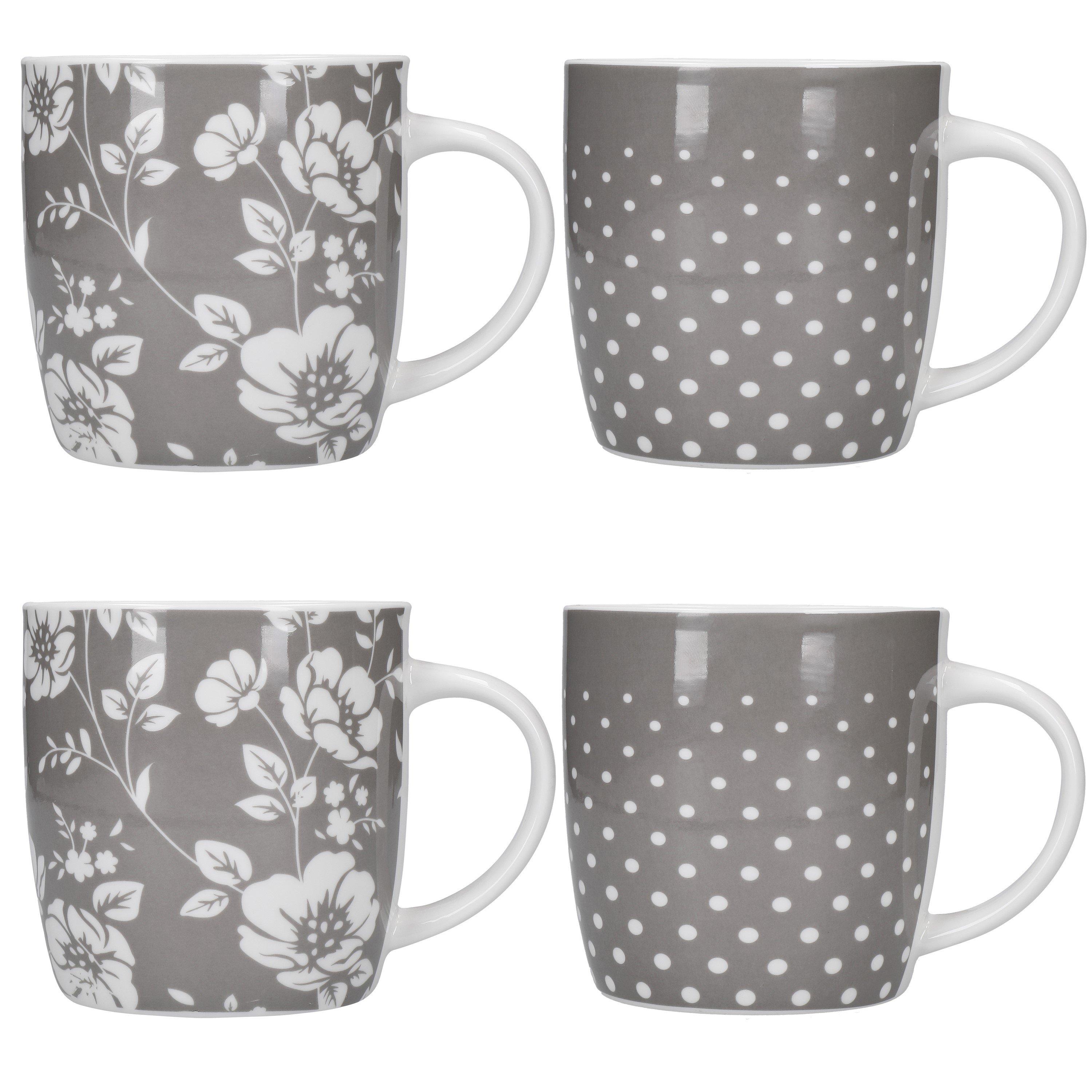 KitchenCraft KitchenCraft 4-Piece Grey Floral Polka Dot Mug