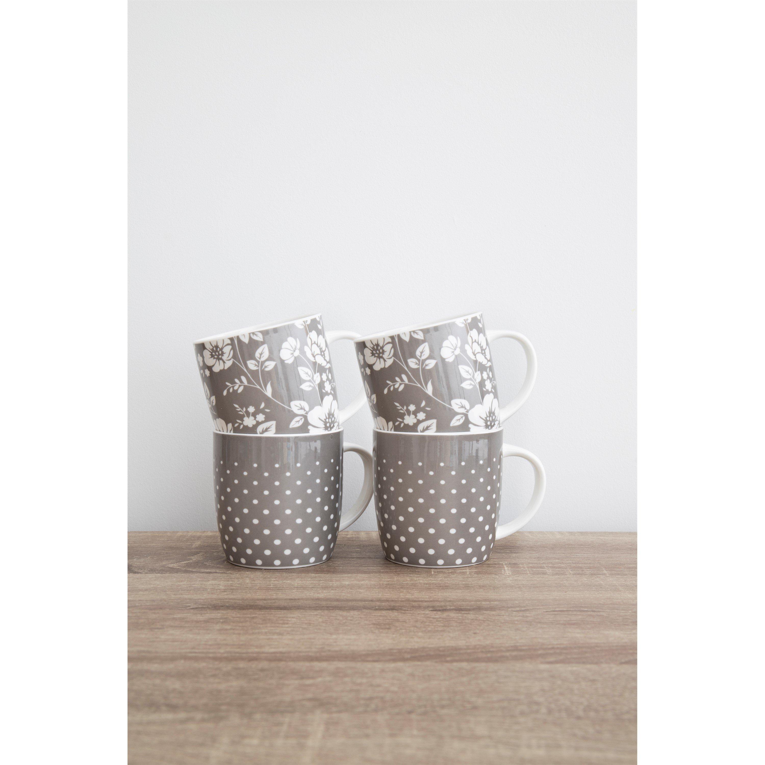 Grey - KitchenCraft - KitchenCraft 4-Piece Grey Floral Polka Dot Mug - 2