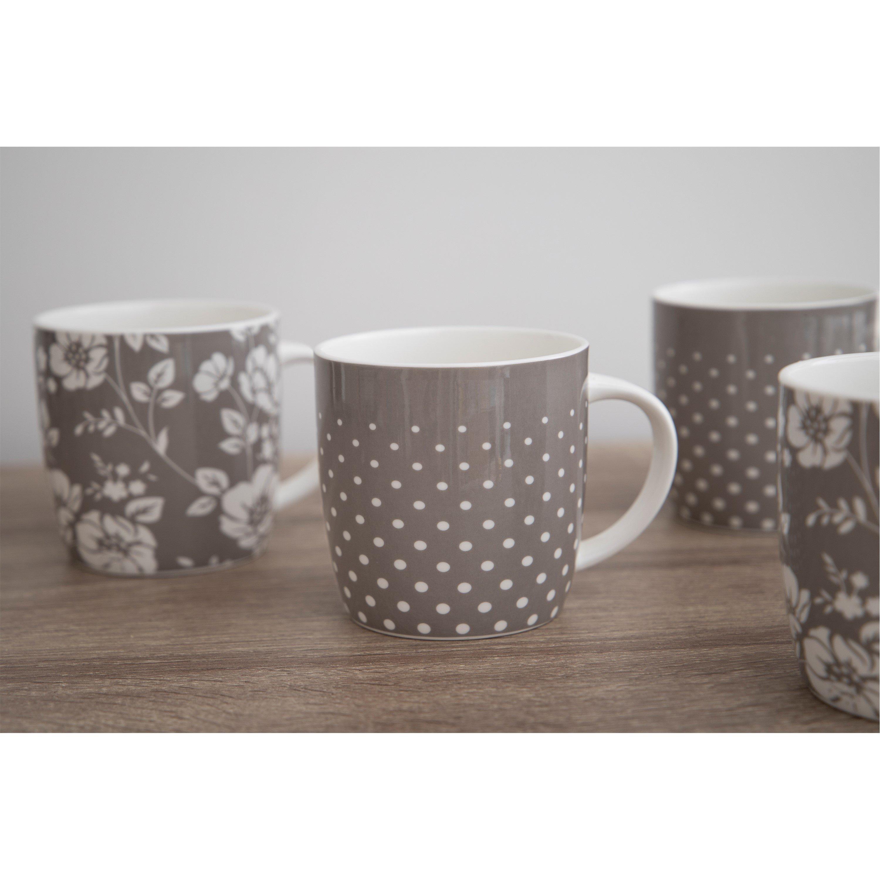 Grey - KitchenCraft - KitchenCraft 4-Piece Grey Floral Polka Dot Mug - 5