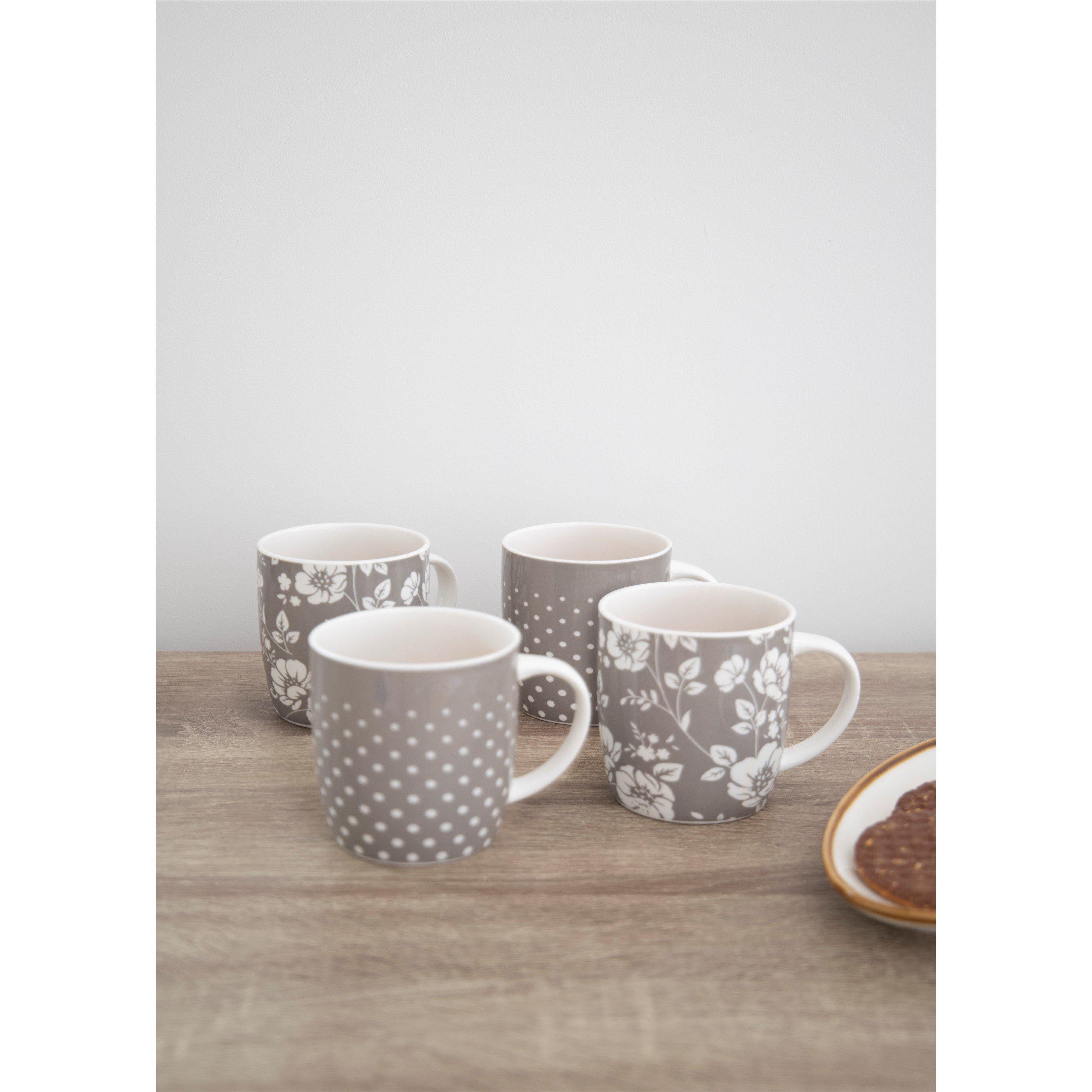 Grey - KitchenCraft - KitchenCraft 4-Piece Grey Floral Polka Dot Mug - 6